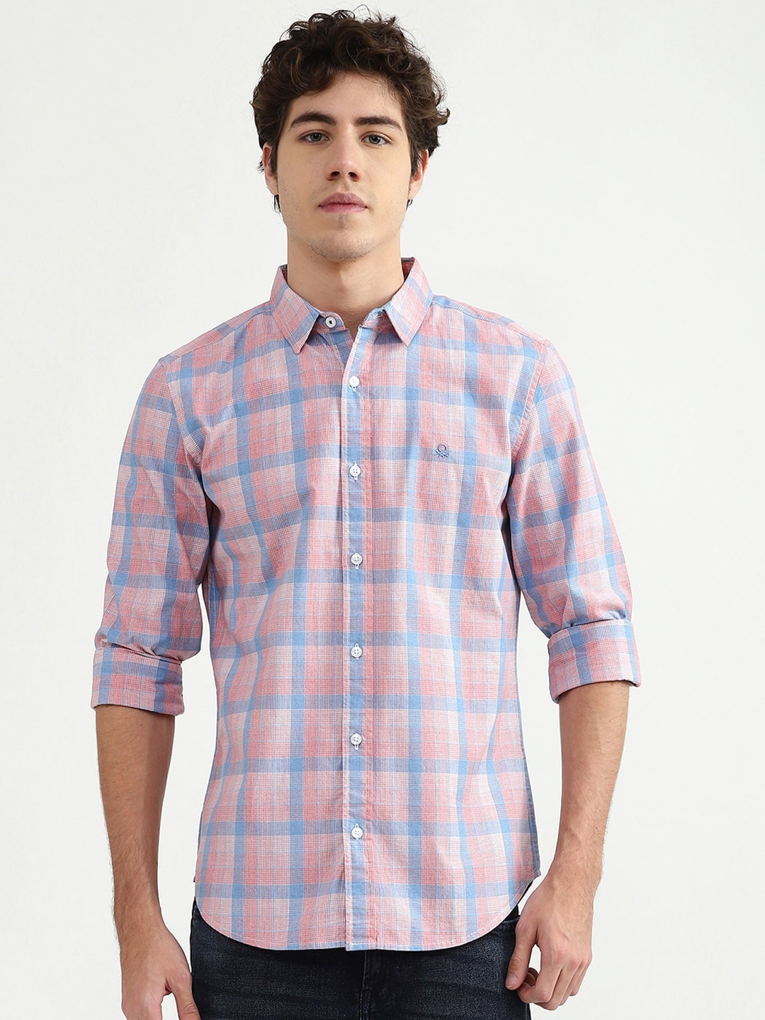 

United Colors of Benetton Men Peach-Coloured Tartan Checked Cotton Casual Shirt