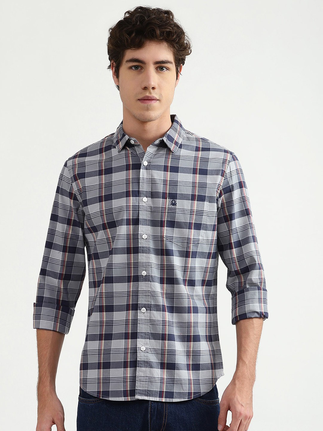 

United Colors of Benetton Men Grey Tartan Checks Checked Casual Shirt