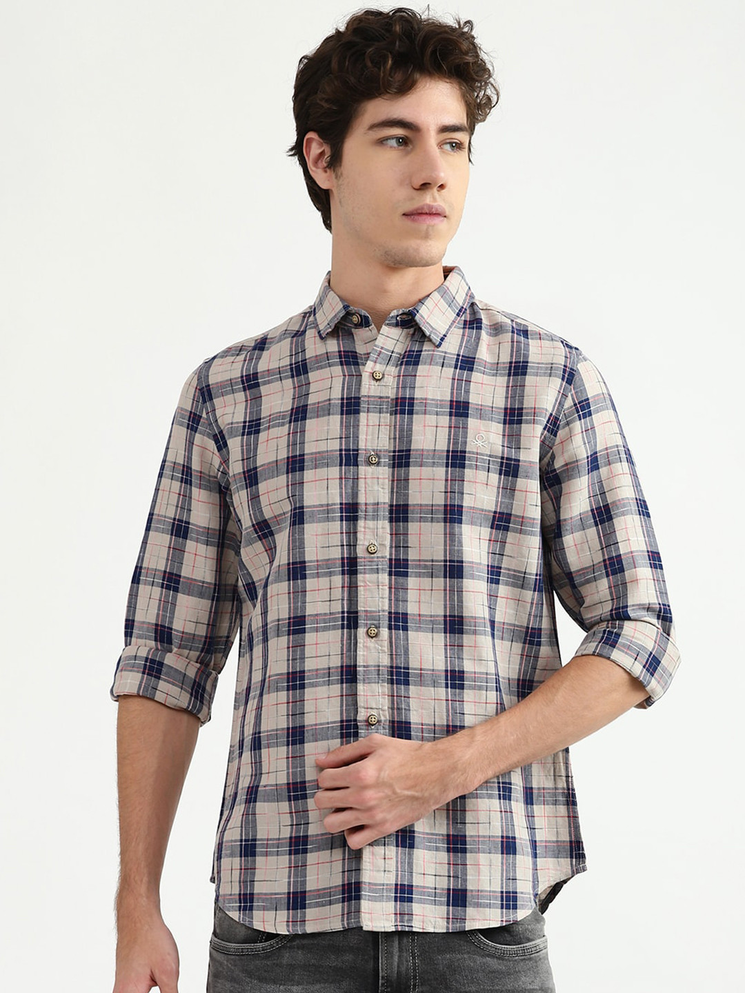 

United Colors of Benetton Men Grey Tartan Checks Checked Casual Shirt