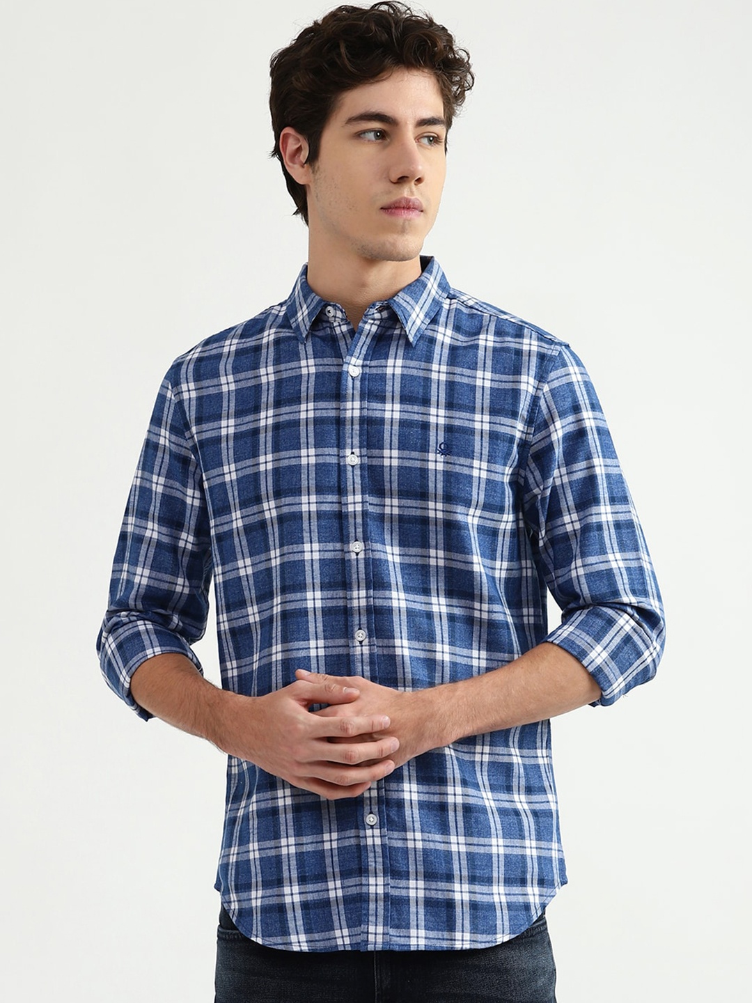 

United Colors of Benetton Men Blue & White Tartan Checked Casual Shirt