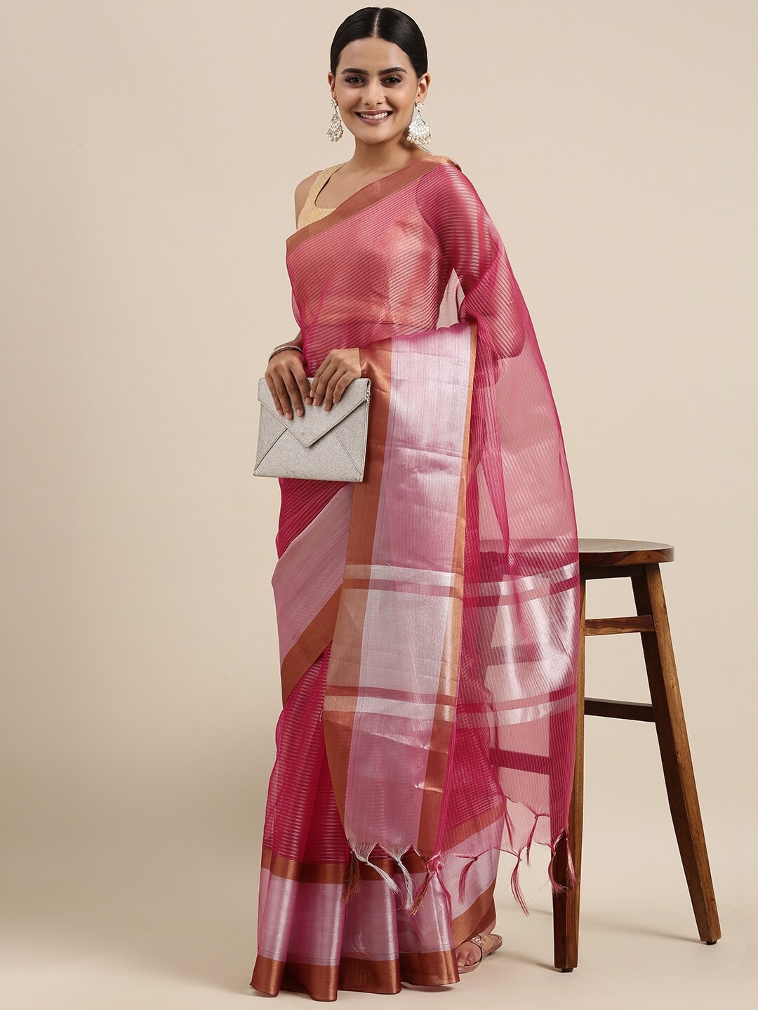 

PERFECTBLUE Pink Self-Striped Cotton Silk Saree