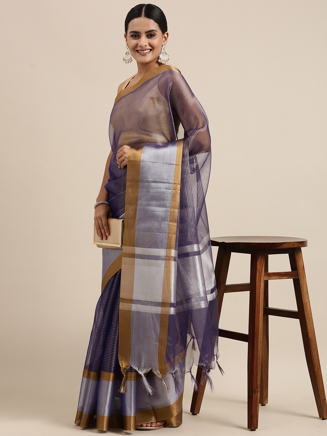

PERFECTBLUE Purple Self-Striped Cotton Silk Saree