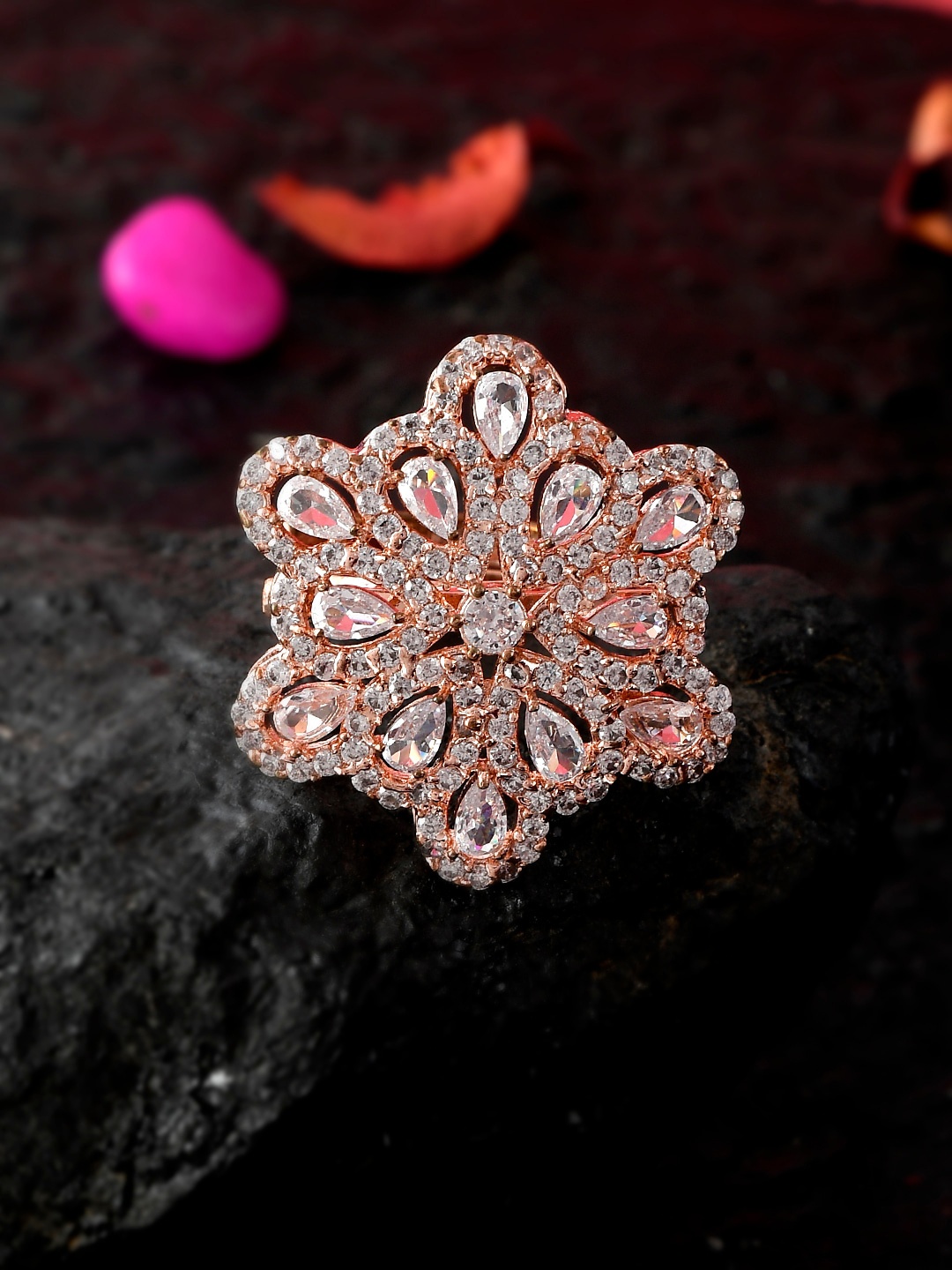 

Silvermerc Designs Rose Gold-Plated AD-Studded Floral Finger Ring