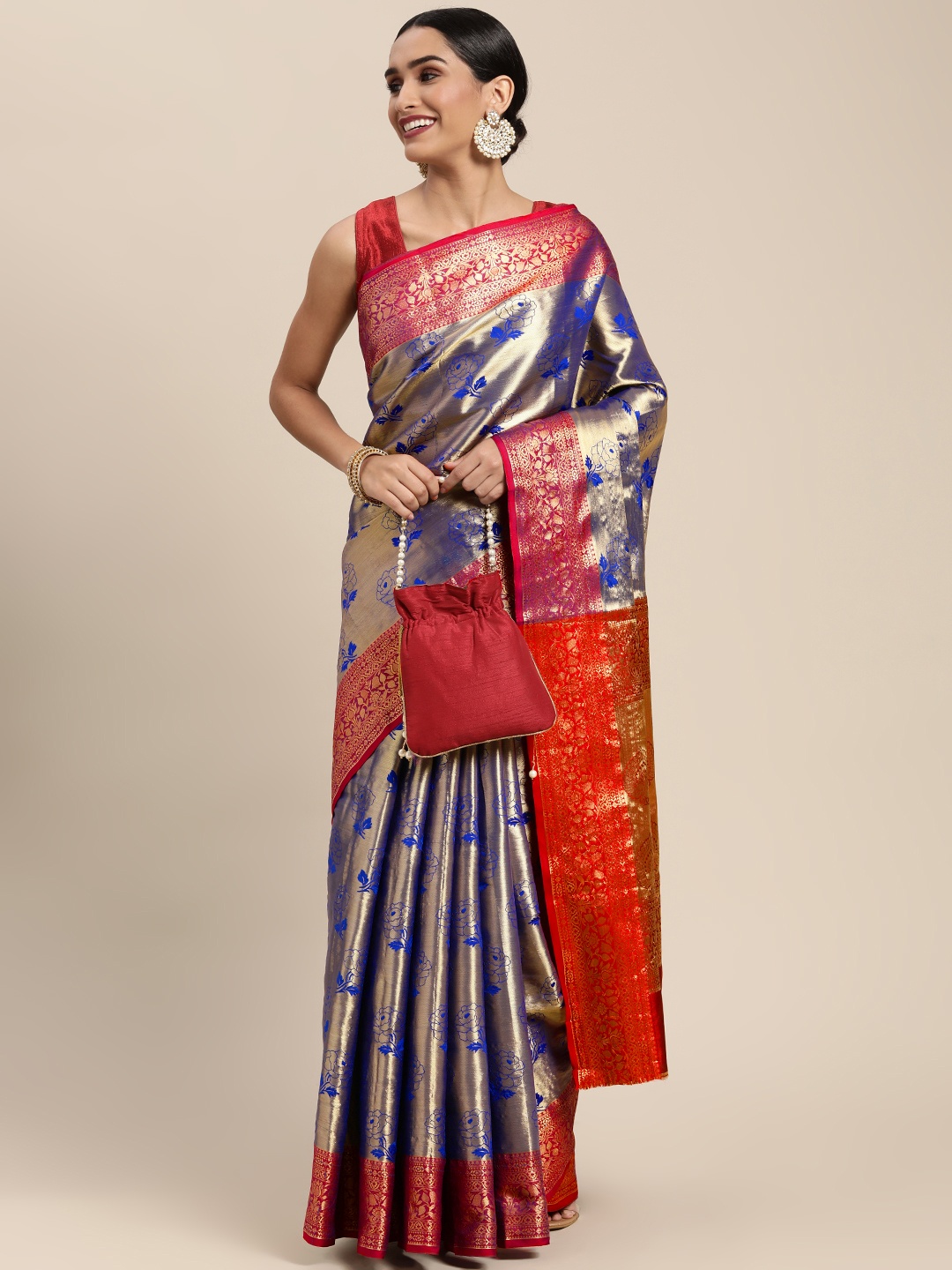 

Mitera Blue & Golden Floral Zari Silk Blend Banarasi Saree