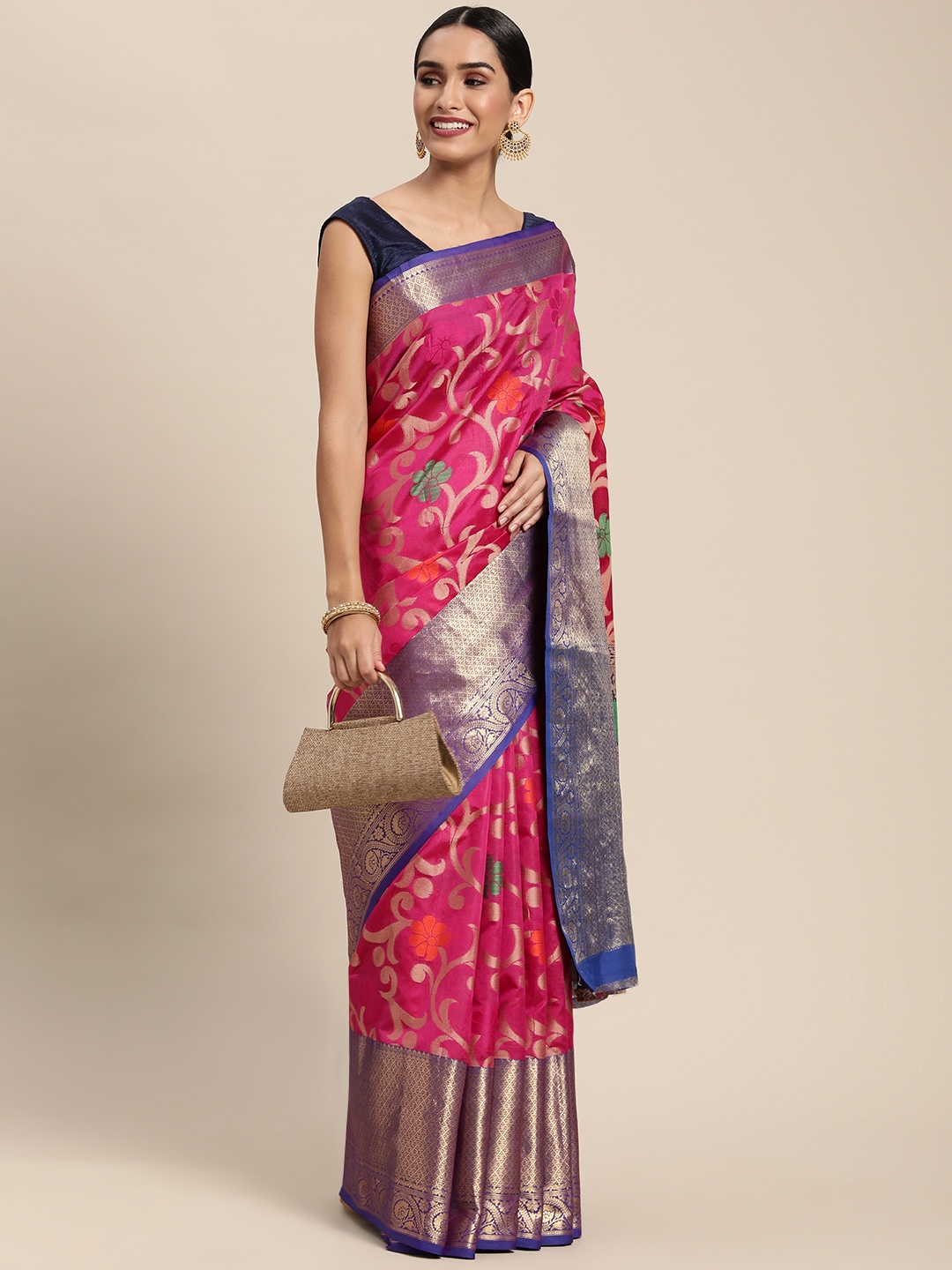 

Mitera Pink & Golden Ethnic Motifs Zari Silk Blend Kanjeevaram Saree