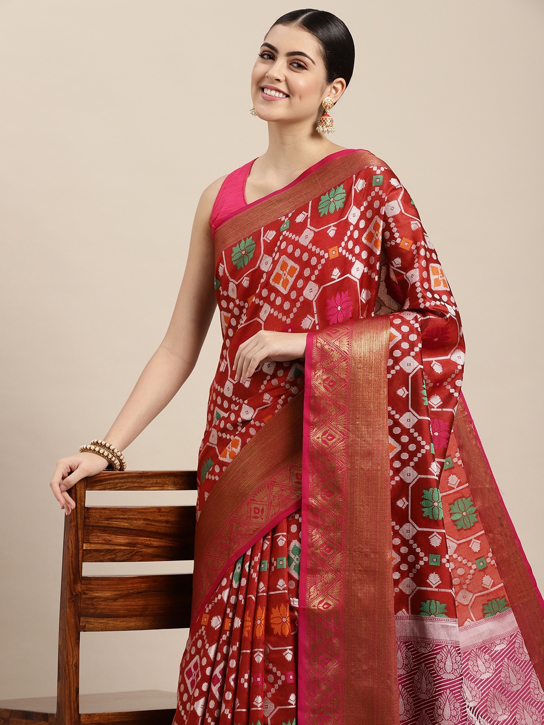 

Mitera Red & Silver Woven Design Zari Silk Cotton Banarasi Saree