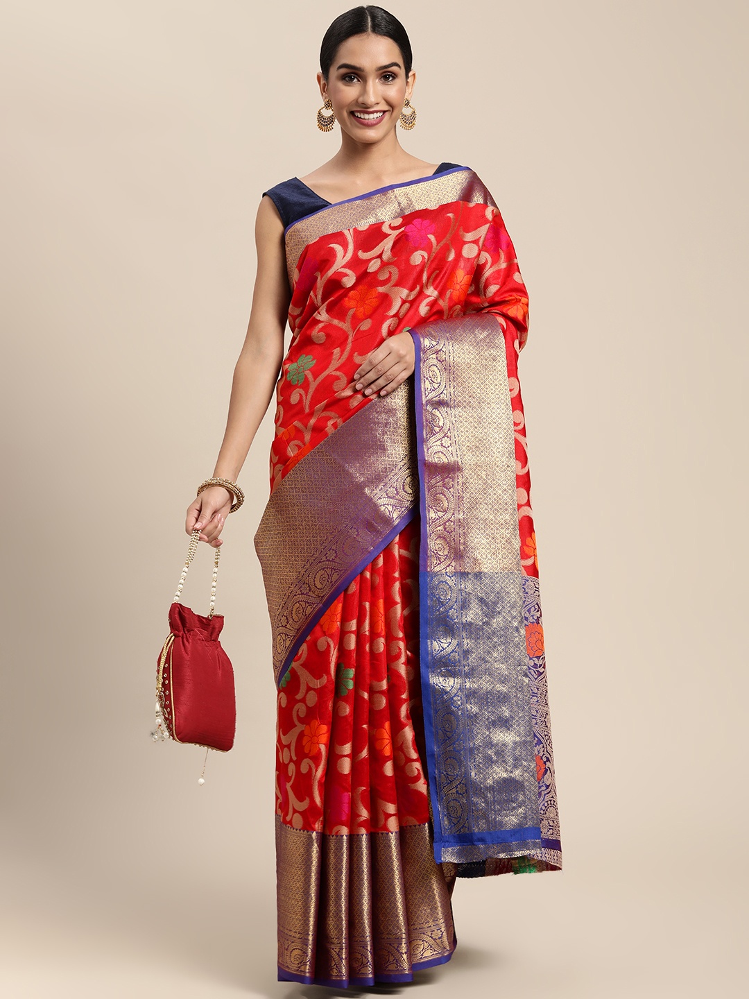 

Mitera Red & Golden Ethnic Motifs Zari Silk Blend Kanjeevaram Saree