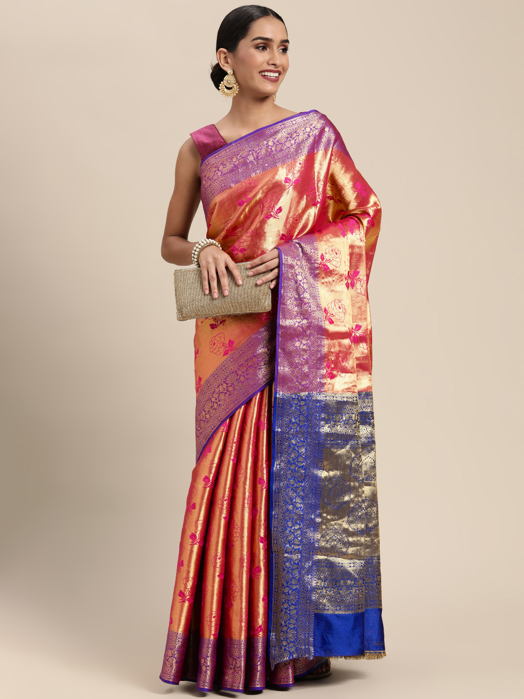 

Mitera Pink & Golden Floral Zari Silk Blend Banarasi Saree