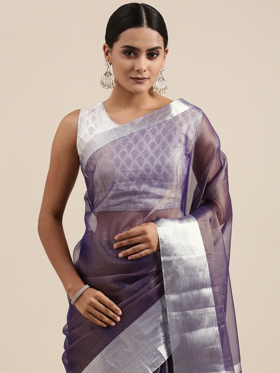 

PERFECTBLUE Purple Self-Striped Cotton Silk Saree