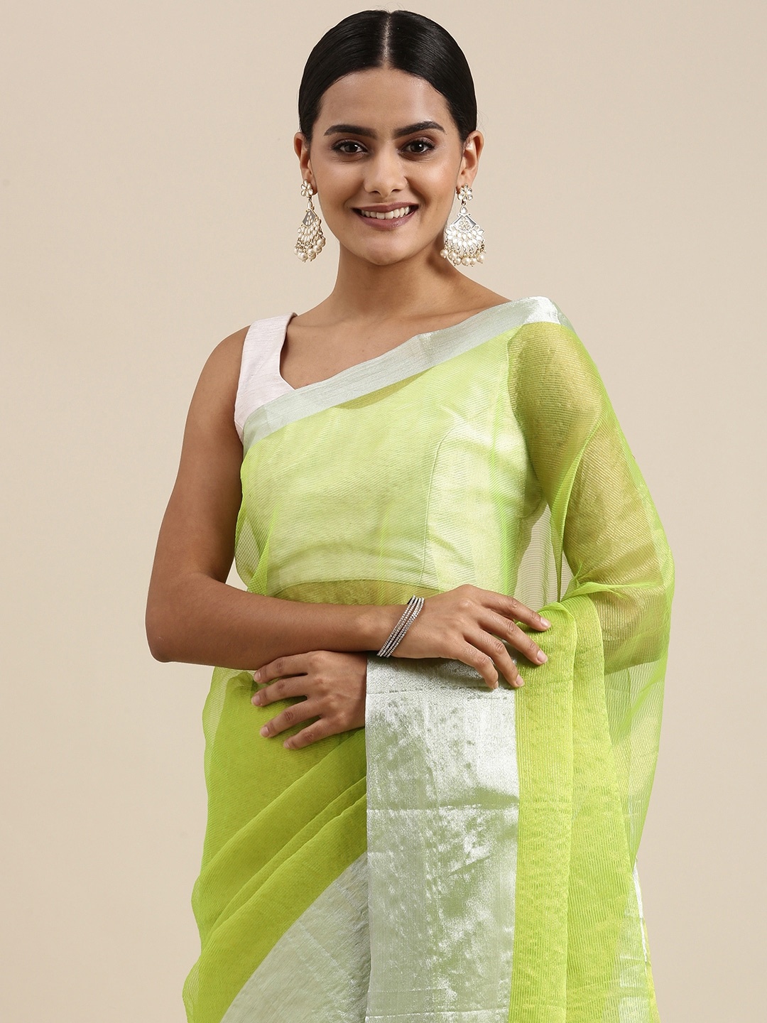 

PERFECTBLUE Green Self-Striped Cotton Silk Saree