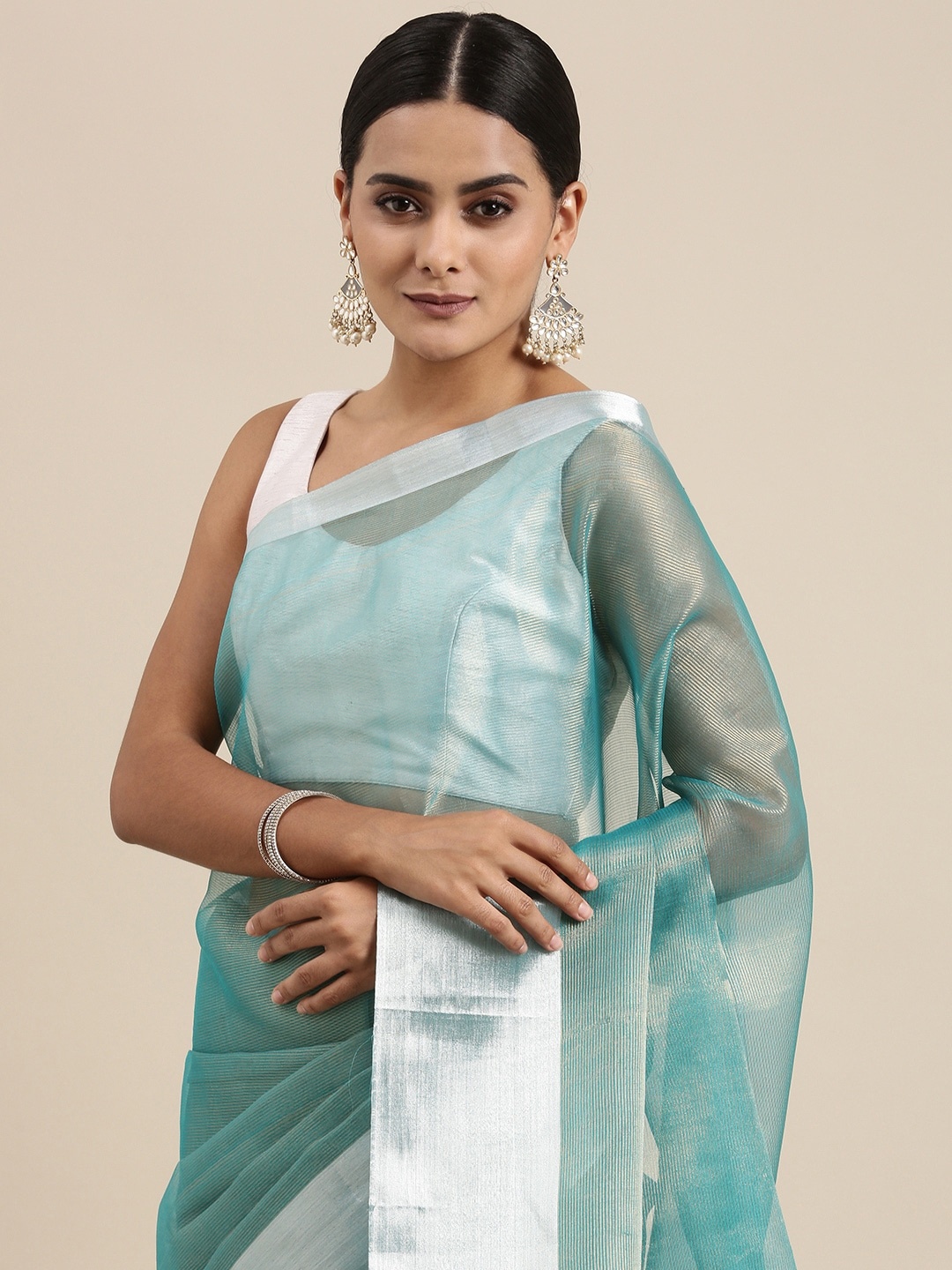

PERFECTBLUE Blue Self-Striped Cotton Silk Saree