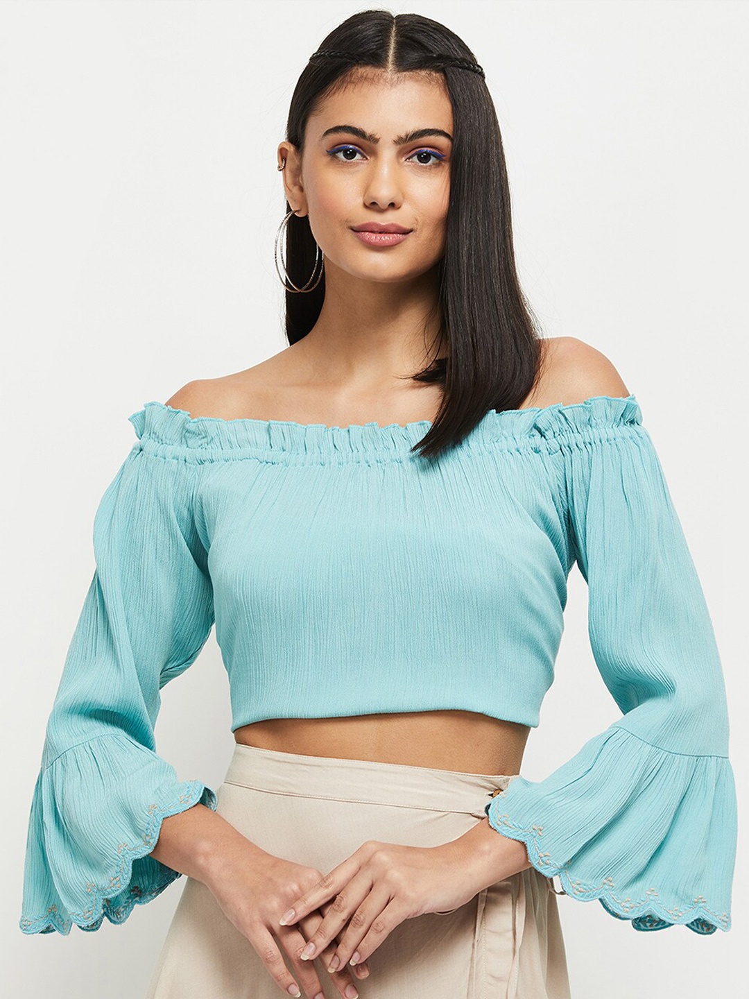 

max Women Blue Off-Shoulder Bardot Crop Top