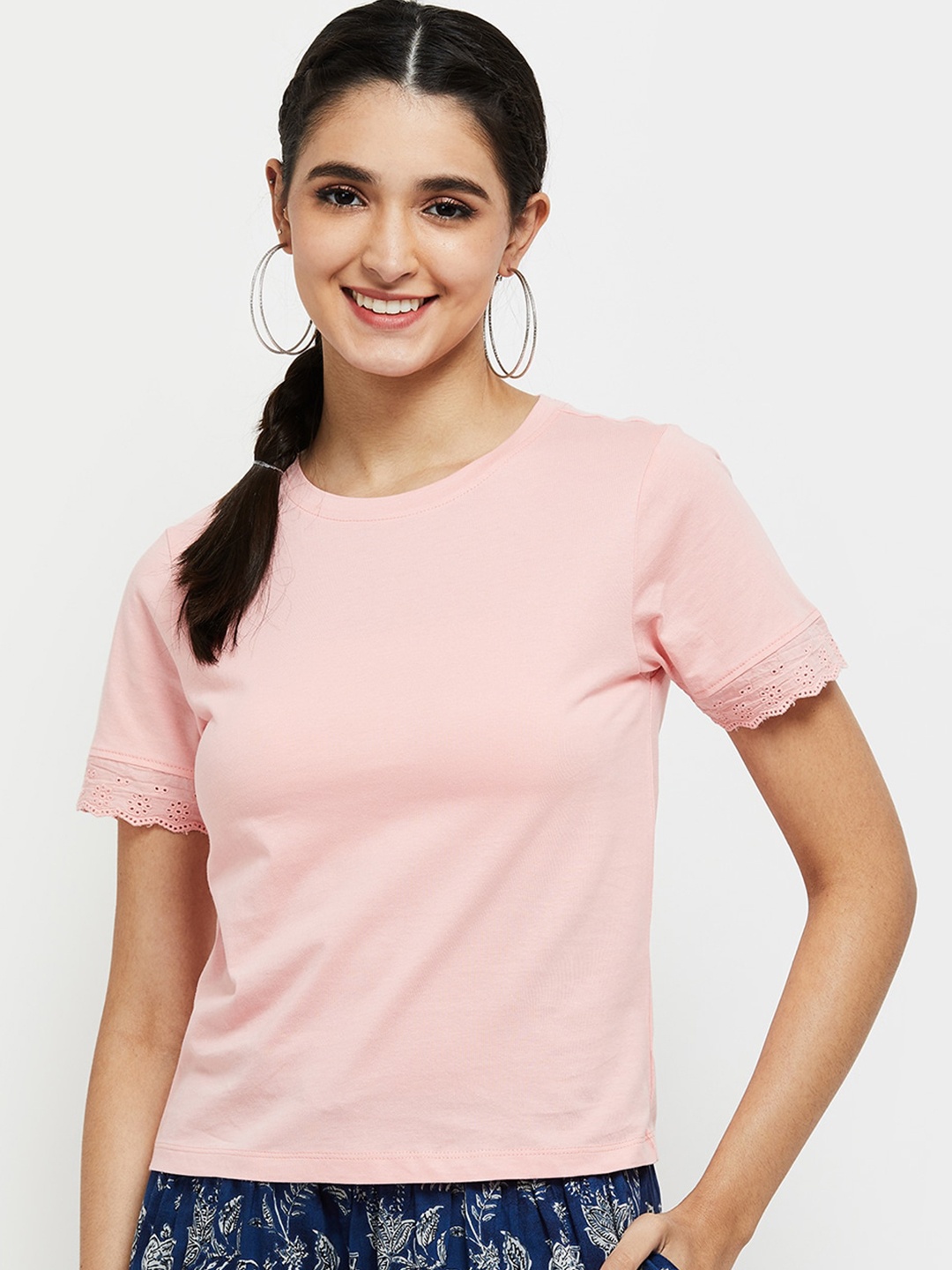 

max Pink Lace Inserts Pure Cotton Knitted Top