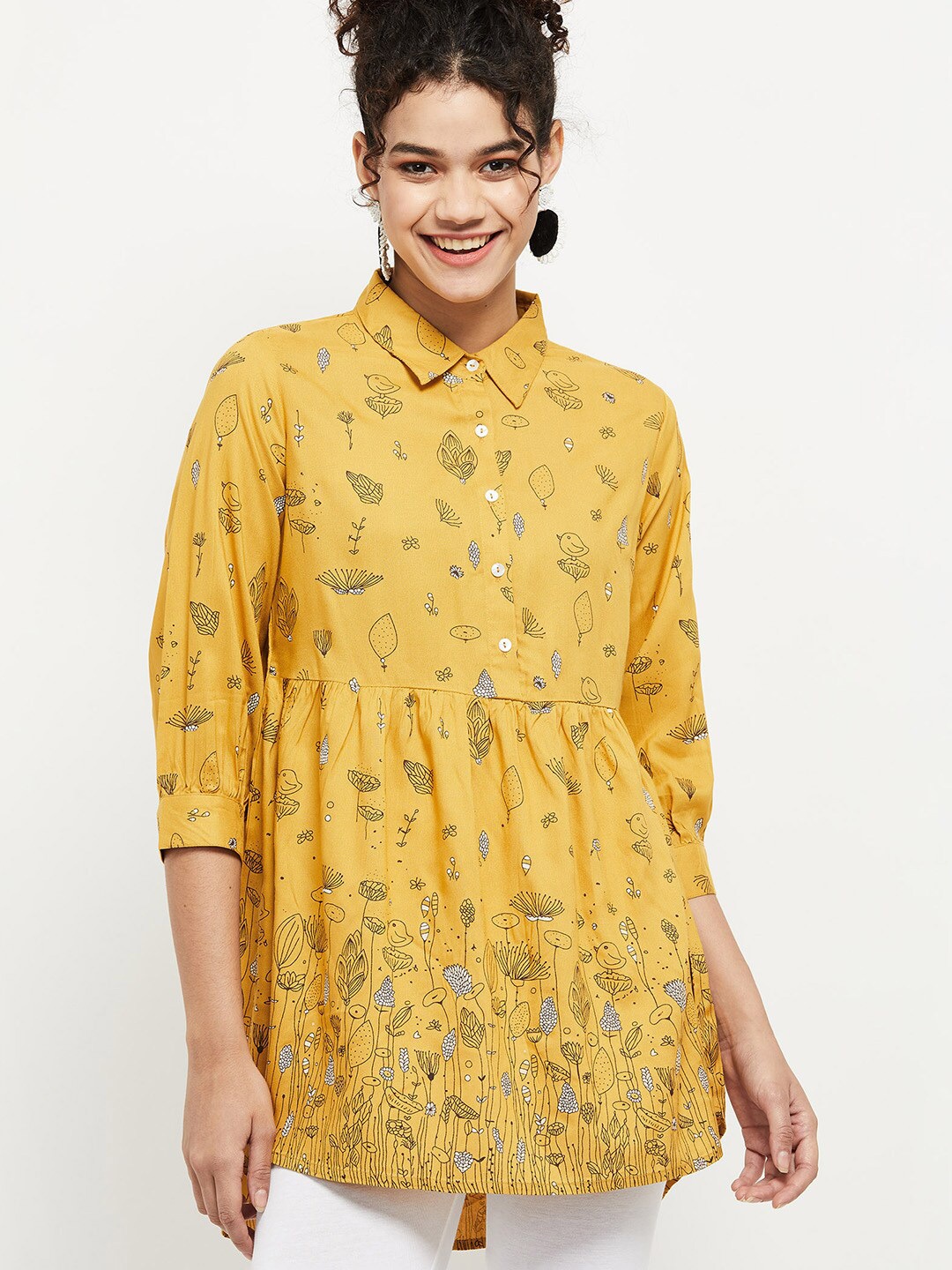 

max Mustard Yellow Floral Print Shirt Style Top