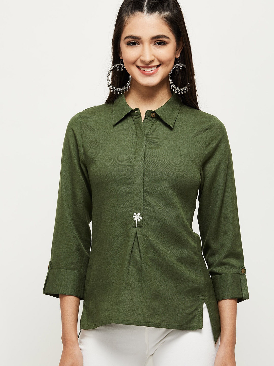 

max Women Olive Green Roll-Up Sleeves Shirt Style Top