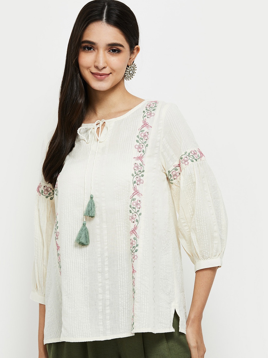 

max White Floral Tie-Up Neck Pure Cotton Top