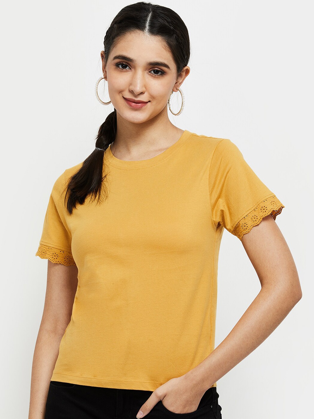 

max Mustard Yellow Lace Inserts Pure Cotton Knitted Top