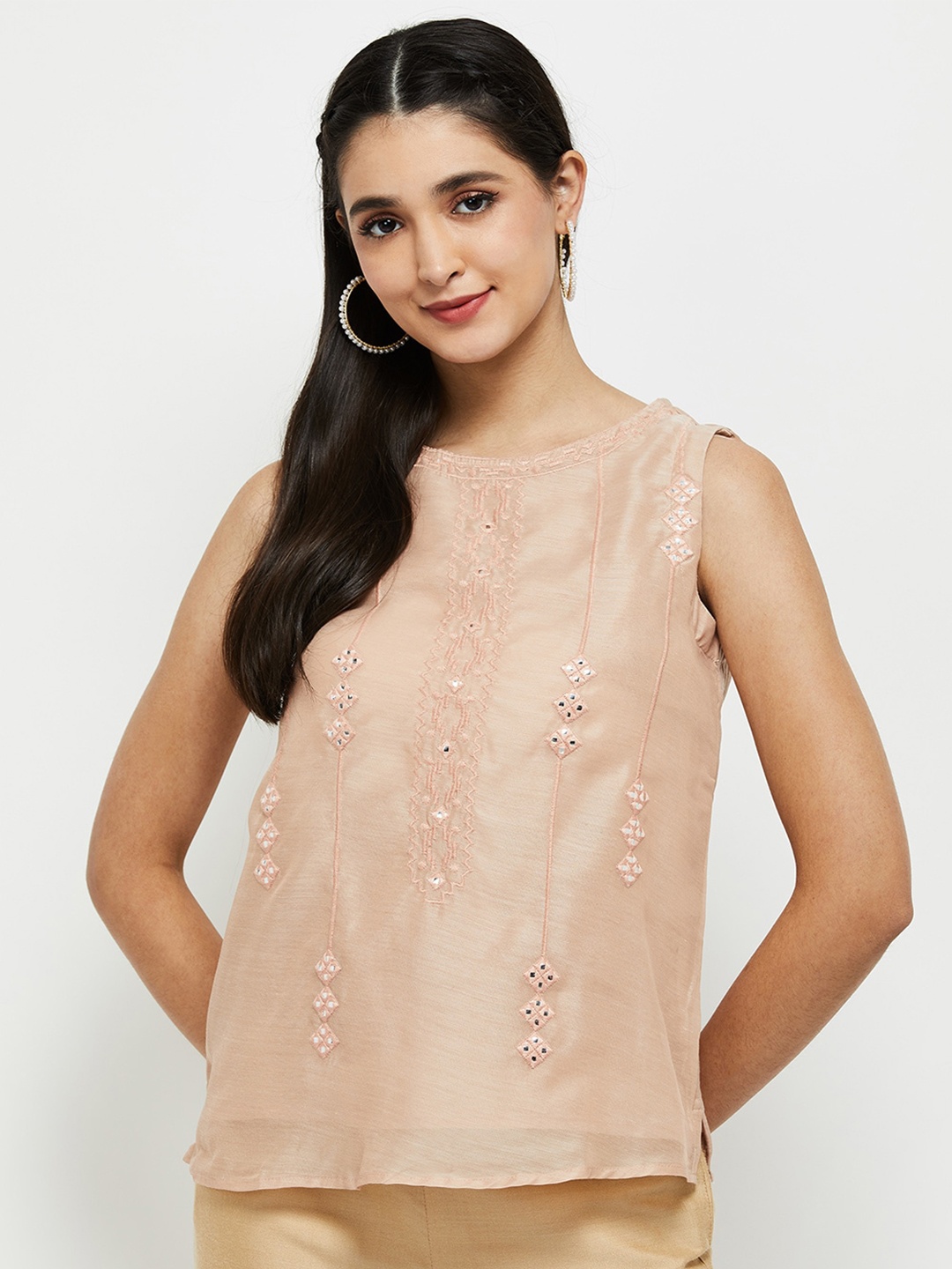 

max Women Peach-Coloured Embellished Top