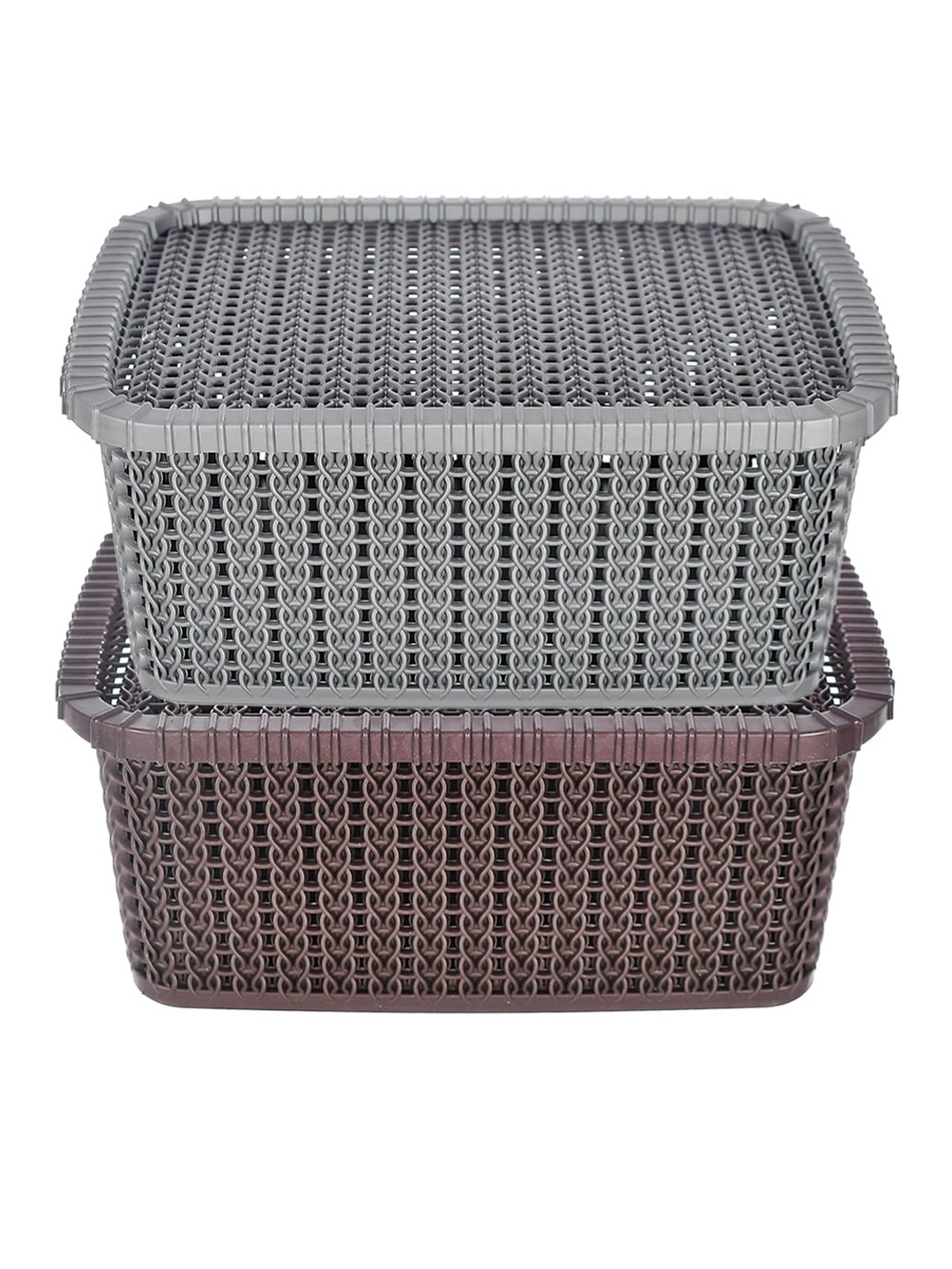 

Kuber Industries Set Of 3 Brown & Grey Multipurpose Basket With Lids