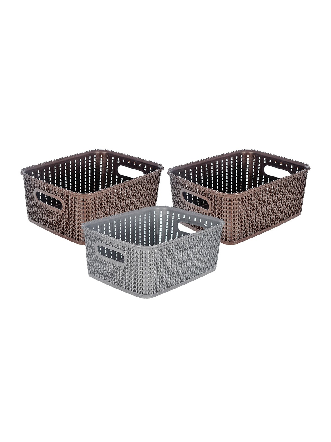 

Kuber Industries Pack of 3 Grey & Brown Plastic Baskets