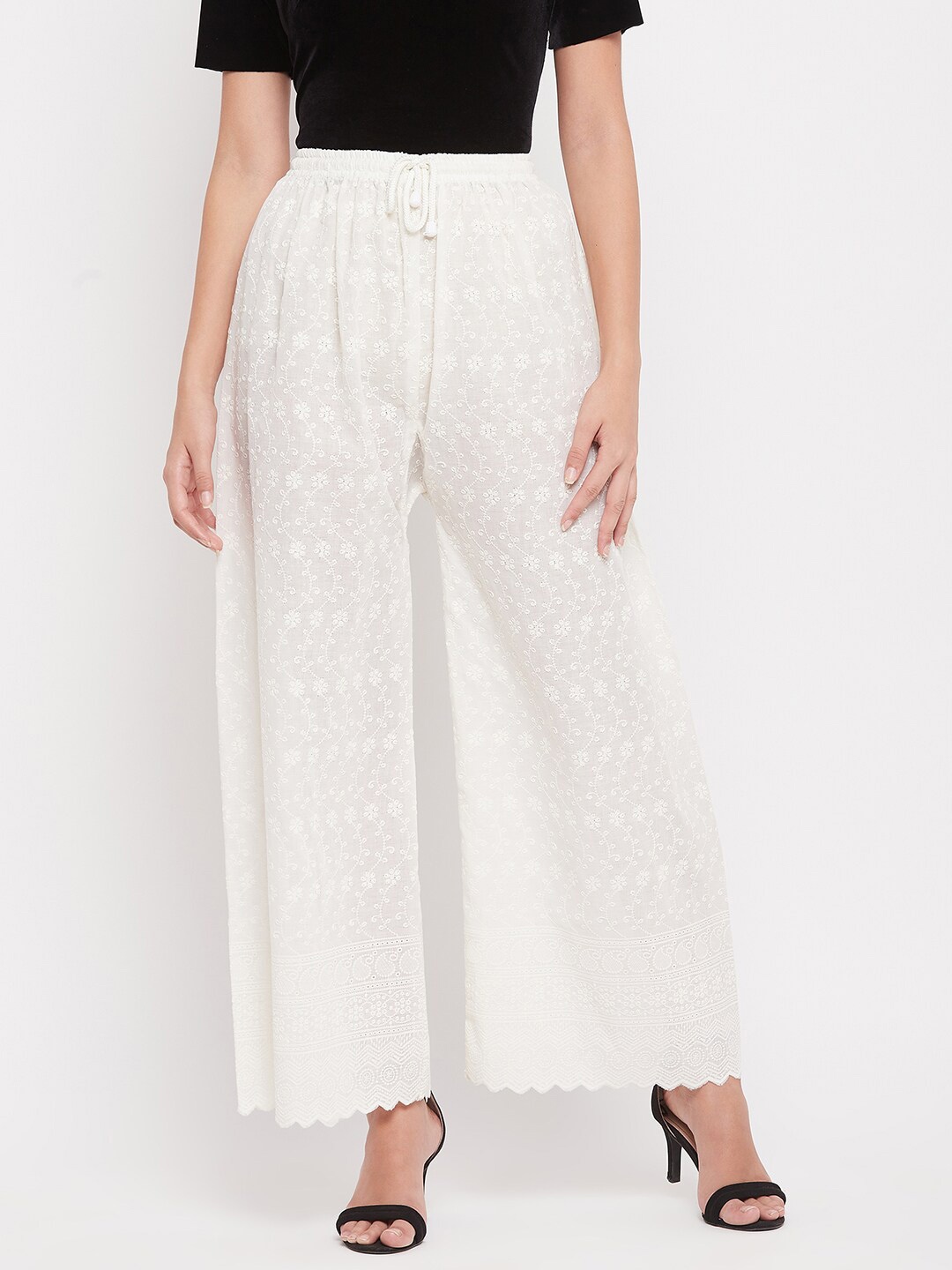 

Clora Creation Women Cream-Coloured Floral Chikankari Cotton Palazzo