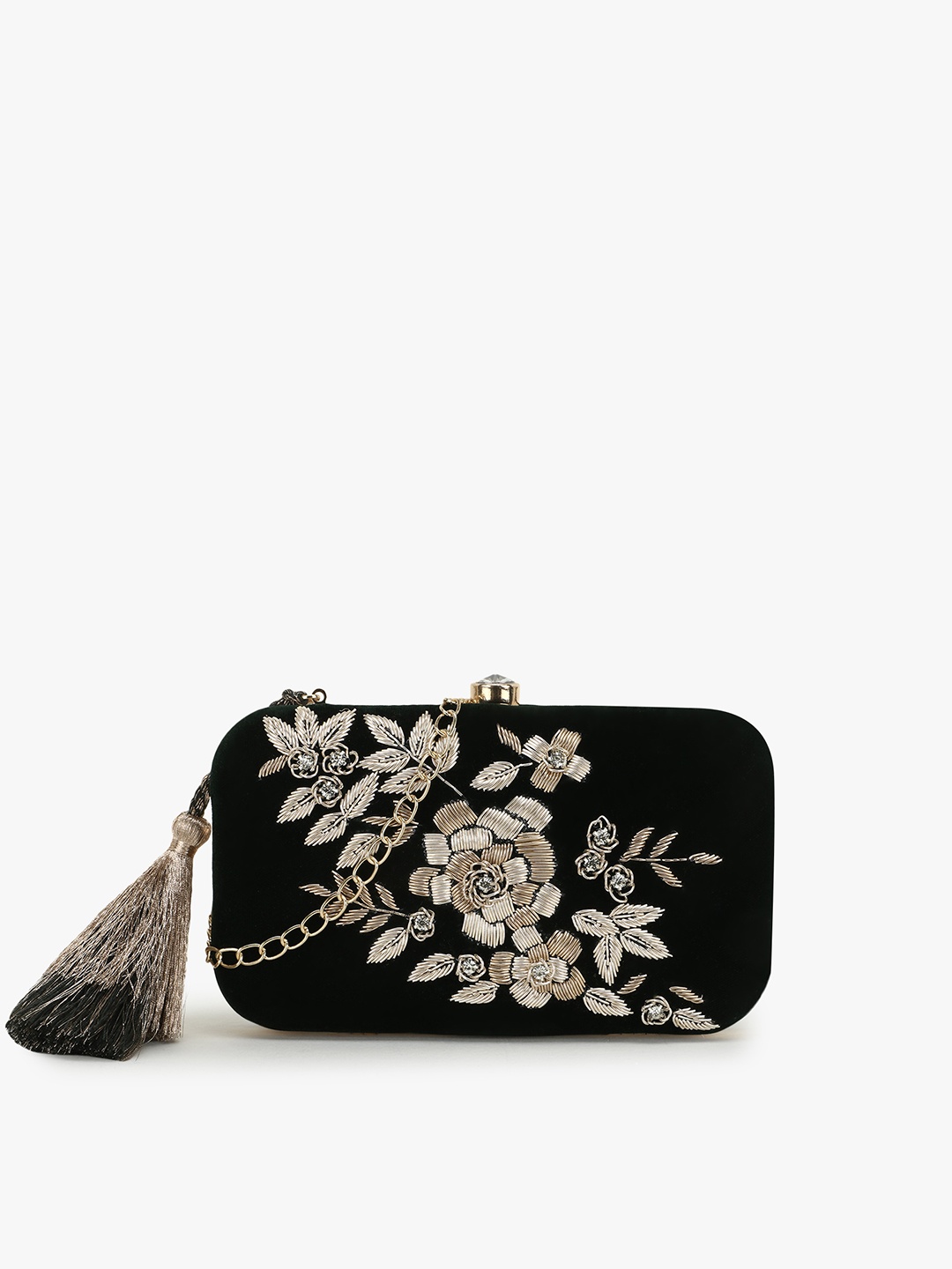 

Anekaant Dark Green & Gold-Toned Floral Embellished Tasselled Velvet Box Clutch
