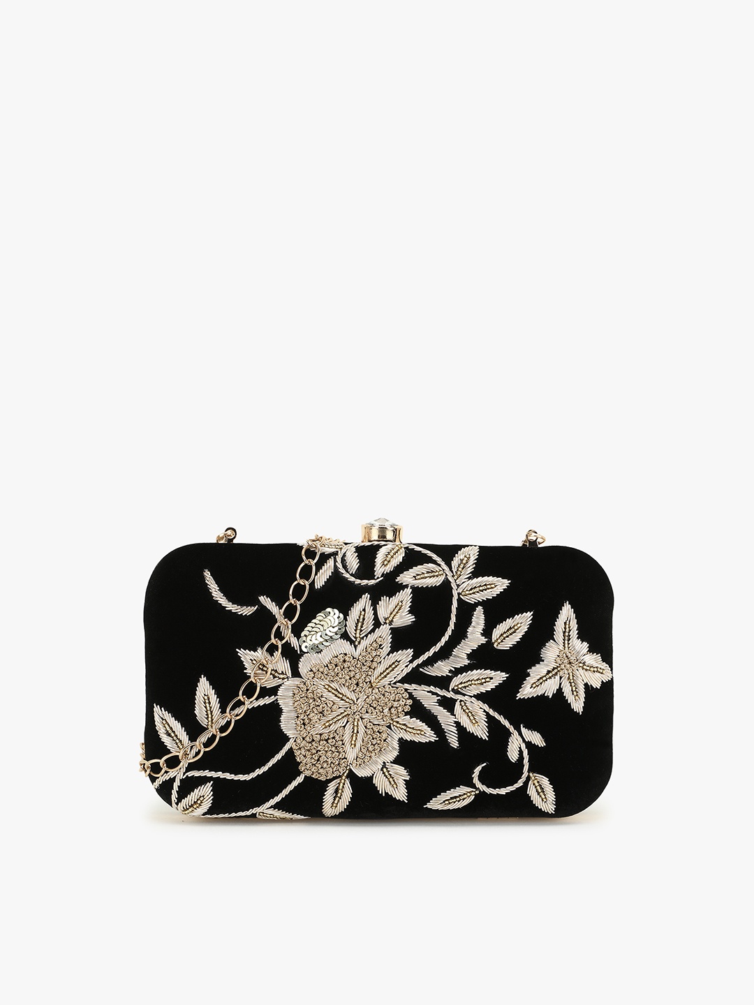 

Anekaant Black & Silver-Toned Floral Embellished Box Clutch