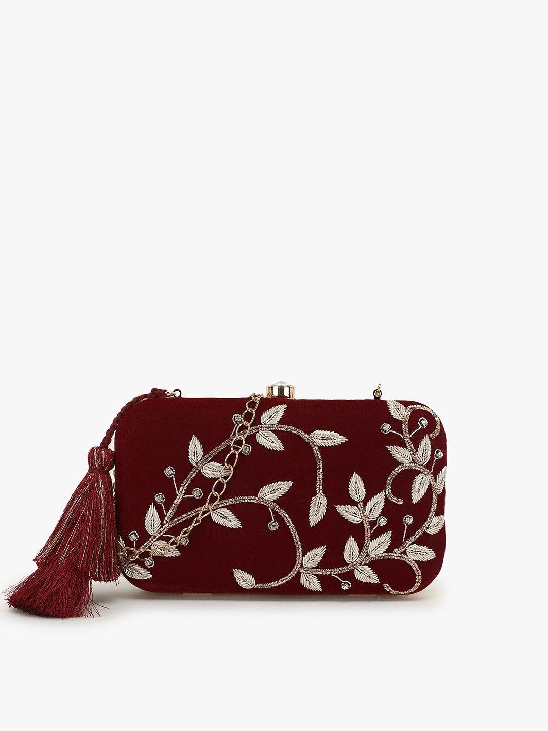 

Anekaant Women Maroon & Gold-Toned Embellished Tasselled Box Clutch