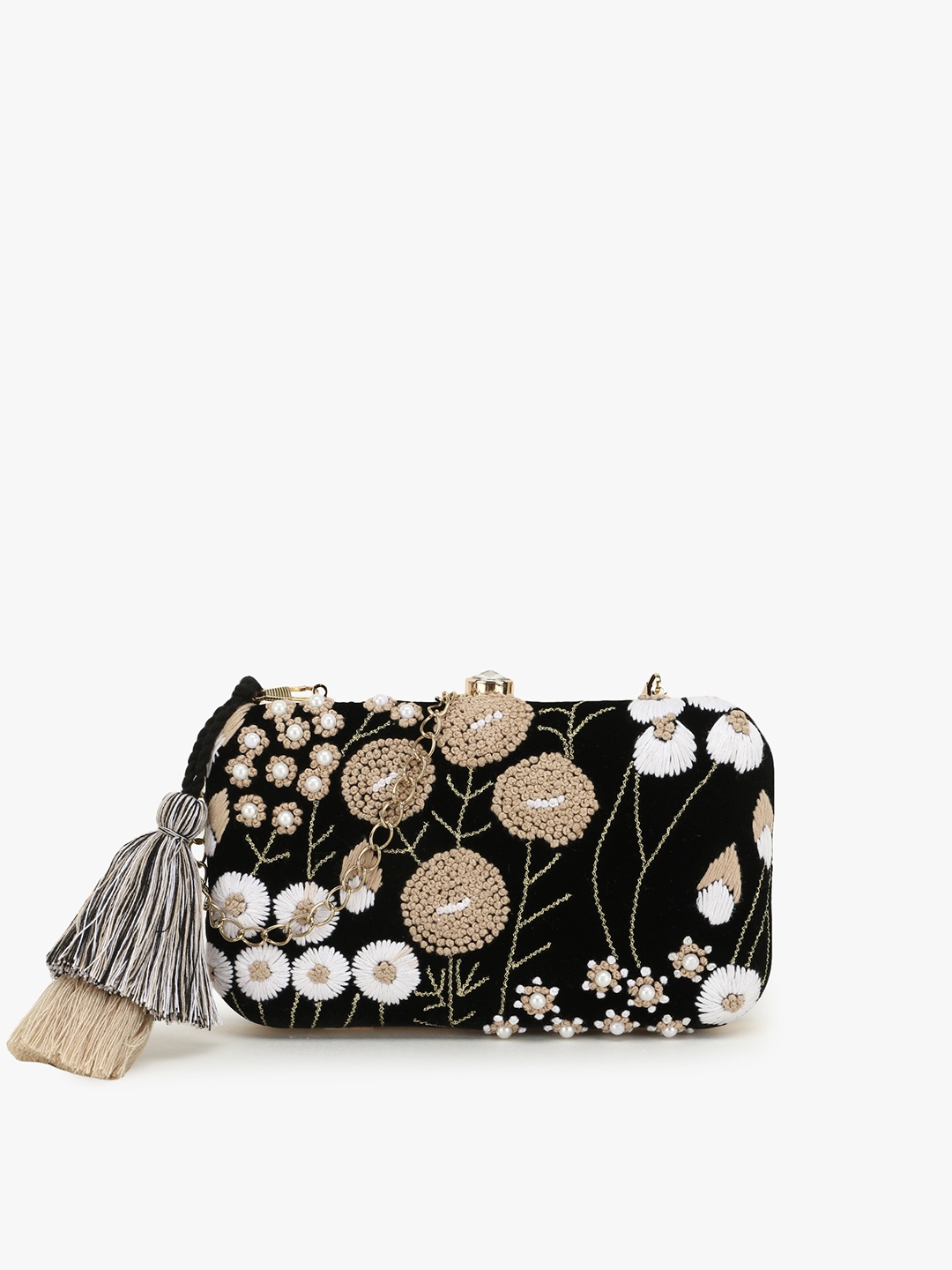 

Anekaant Women Black & Beige Embellished Tasselled Box Clutch
