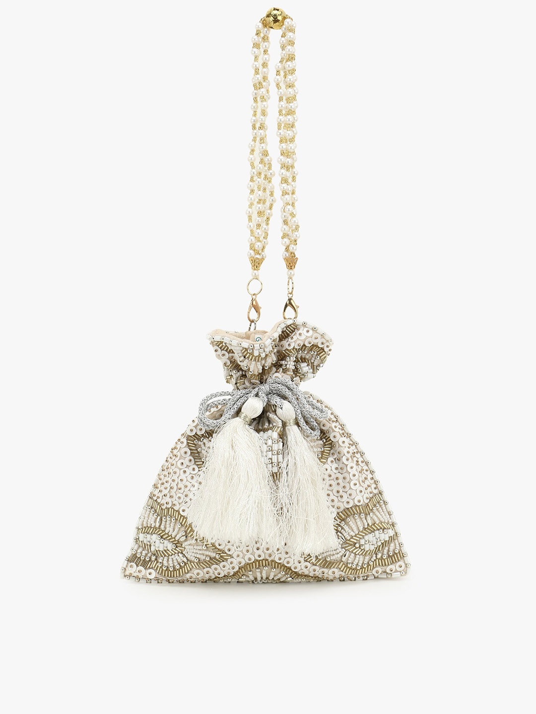 

Anekaant White & Gold-Toned Embellished Tasselled Potli Bag