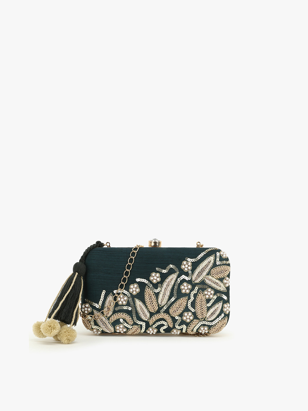 

Anekaant Women Green & Black Embellished Tasselled Box Clutch