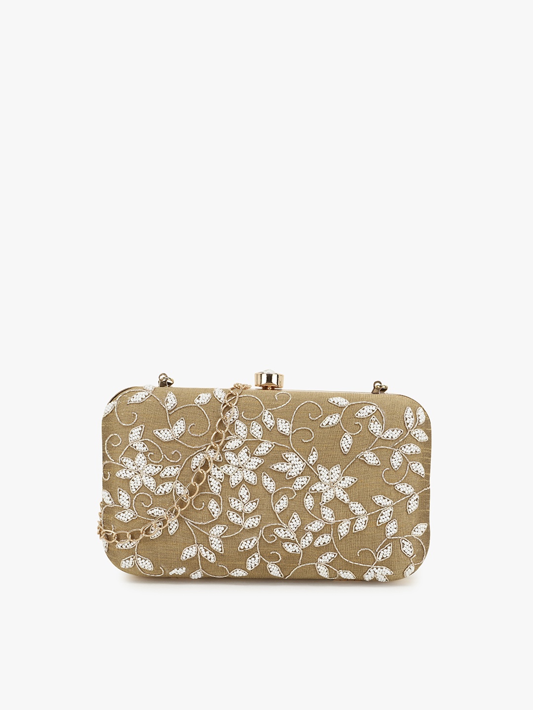 

Anekaant Women Beige & White Botanical Embellished Faux Silk Box Clutch