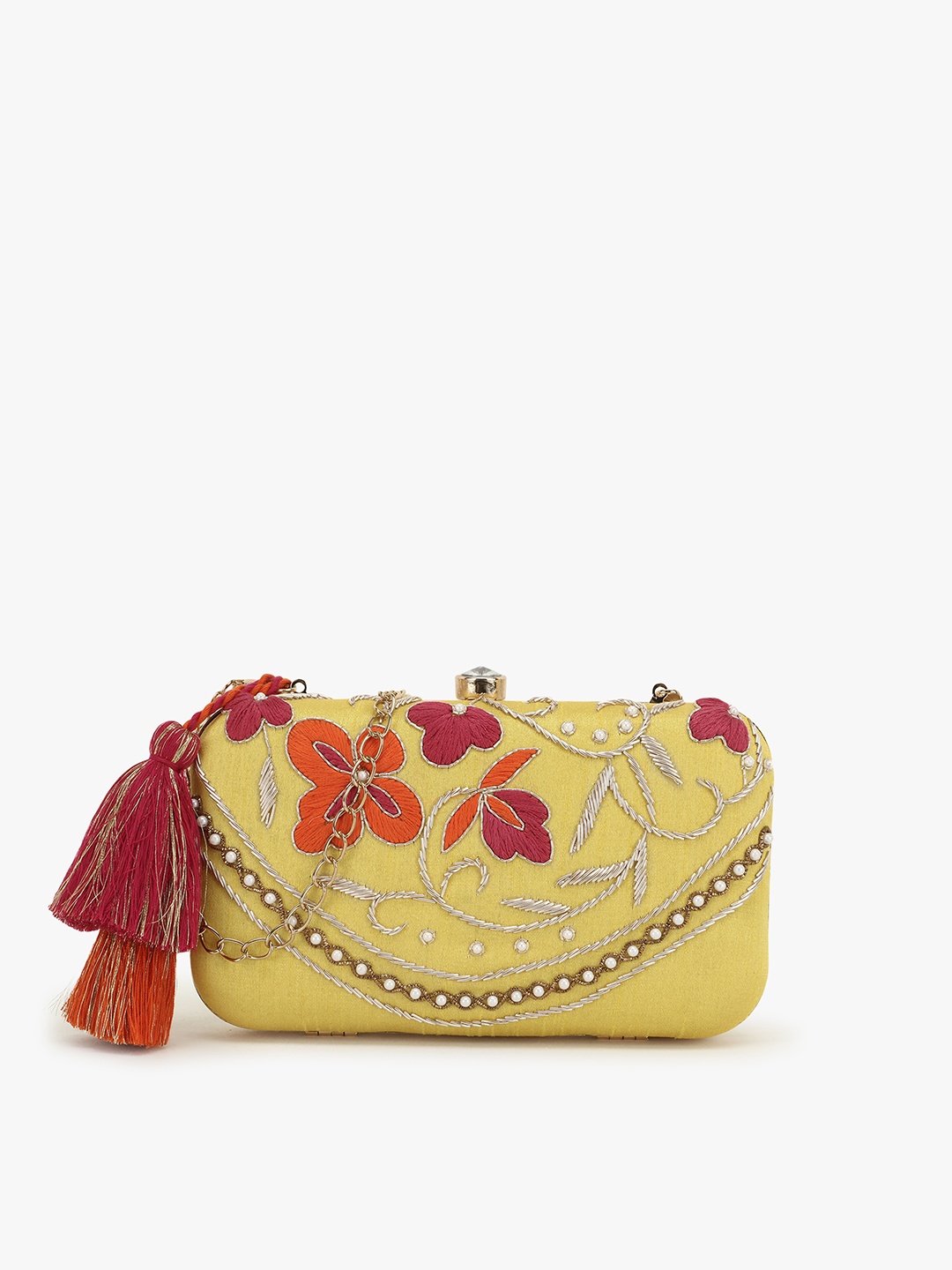 

Anekaant Yellow & Red Embellished Tasselled Box Clutch