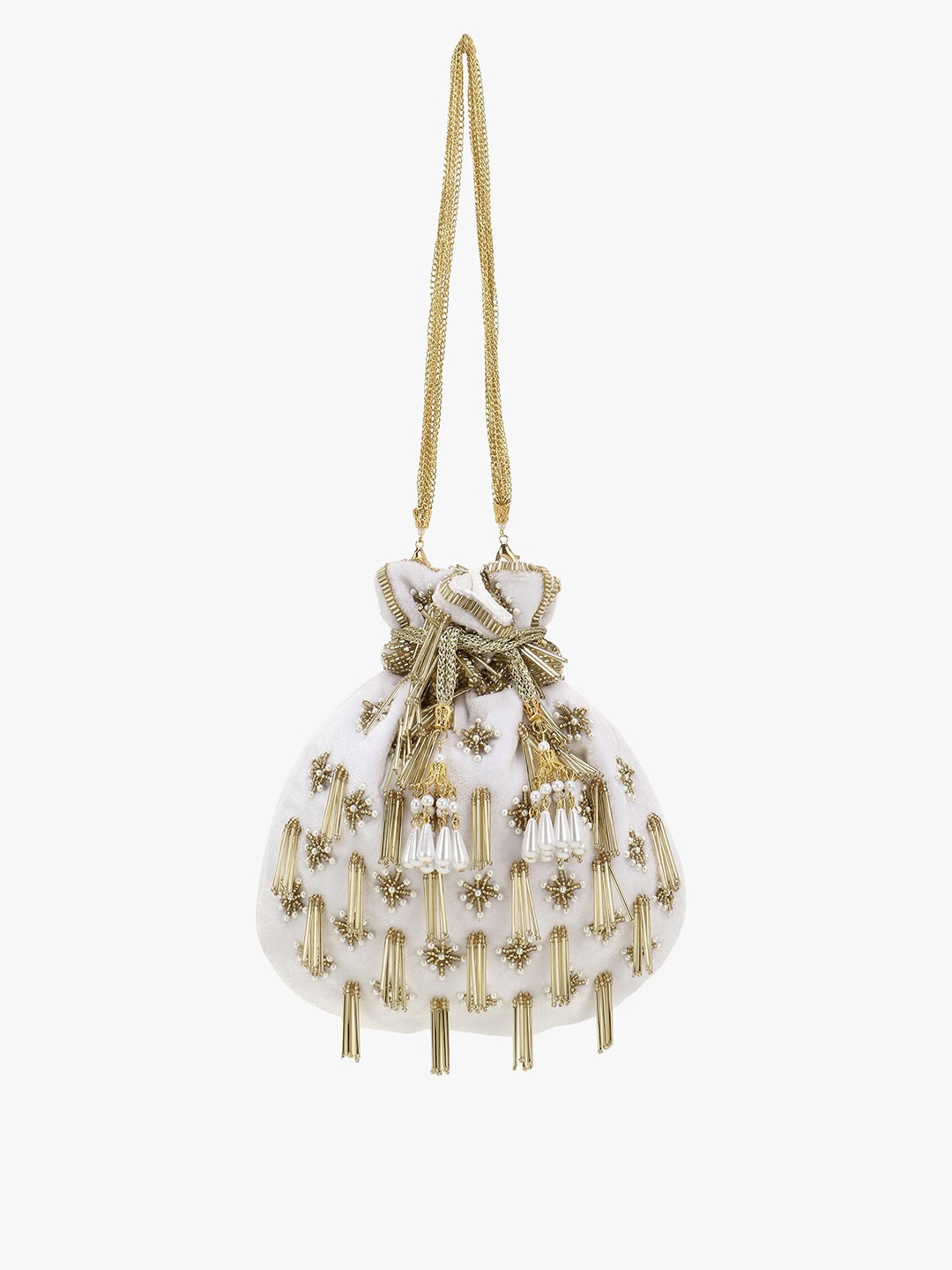 

Anekaant White & Gold-Toned Embellished Tasselled Potli Clutch