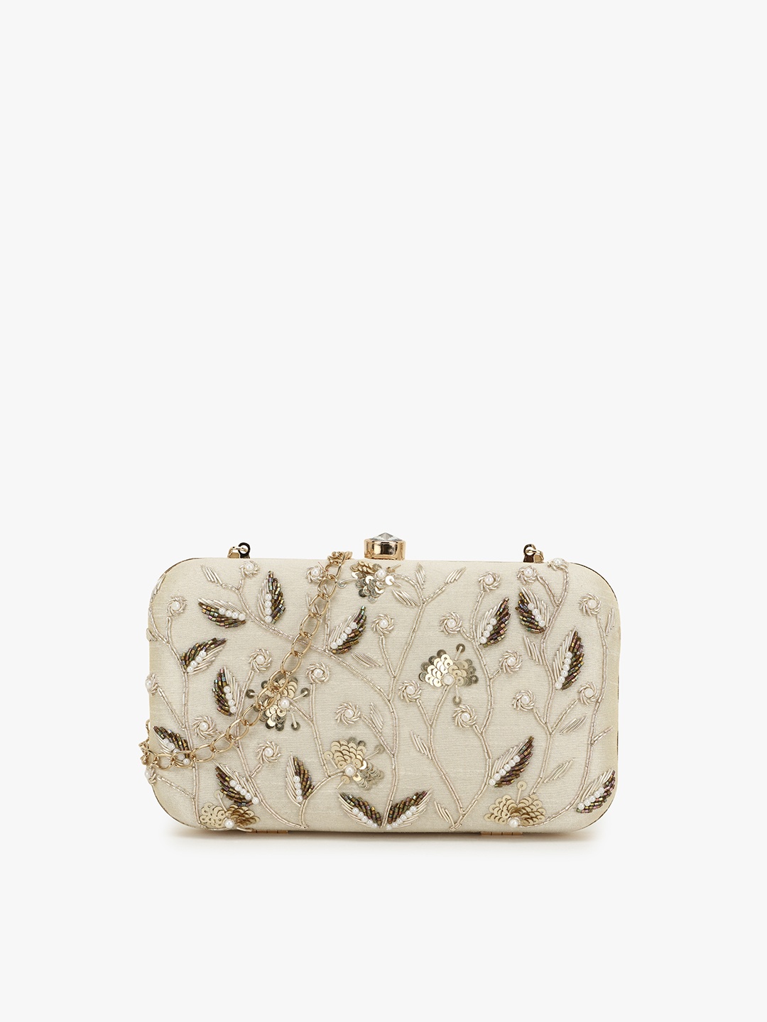 

Anekaant Off White & Gold-Toned Embellished Box Clutch