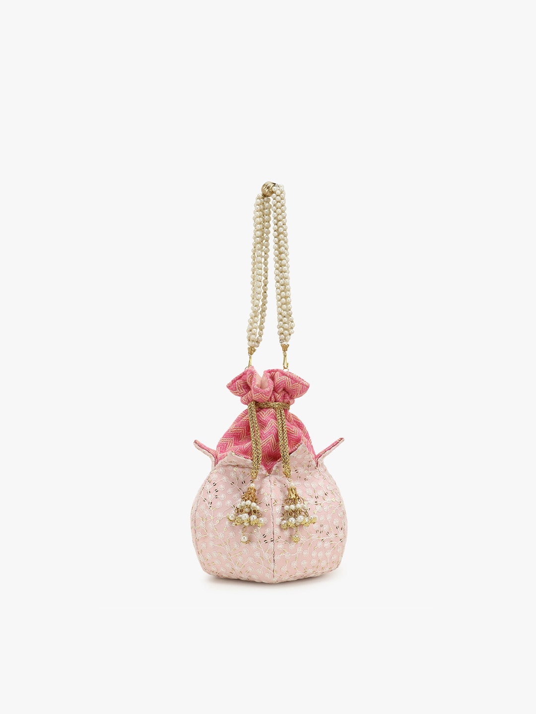 

Anekaant Women Pink & Gold-Toned Embroidered Tasselled Potli Clutch