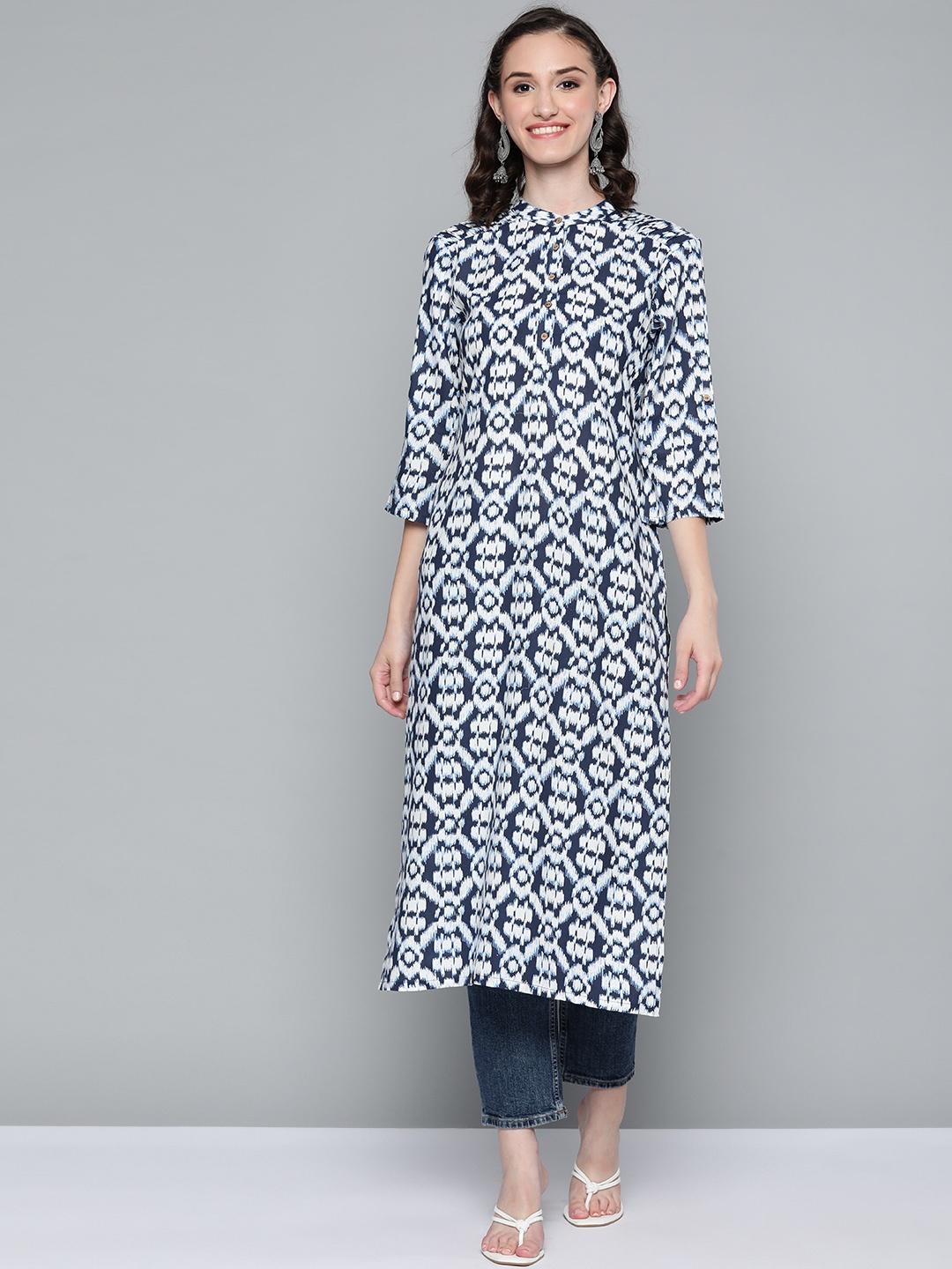 

HERE&NOW Women Navy Blue & White Ethnic Motifs Printed Kurta