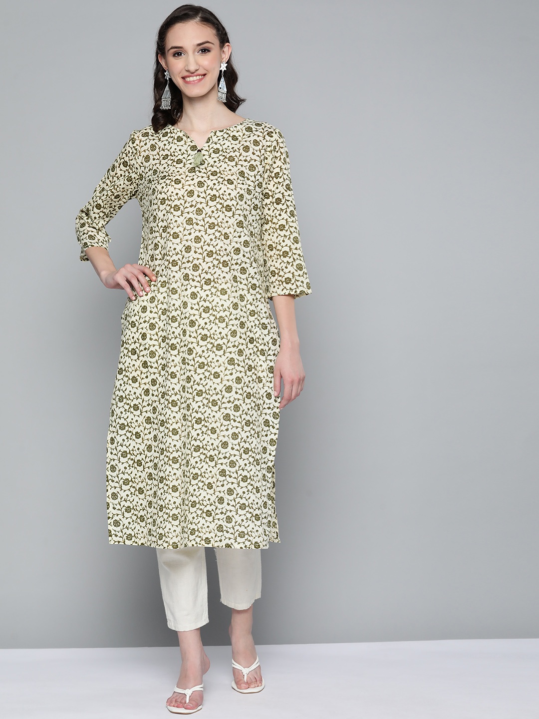 

HERE&NOW Women Off White & Olive Green Ethnic Motifs Printed Kurta