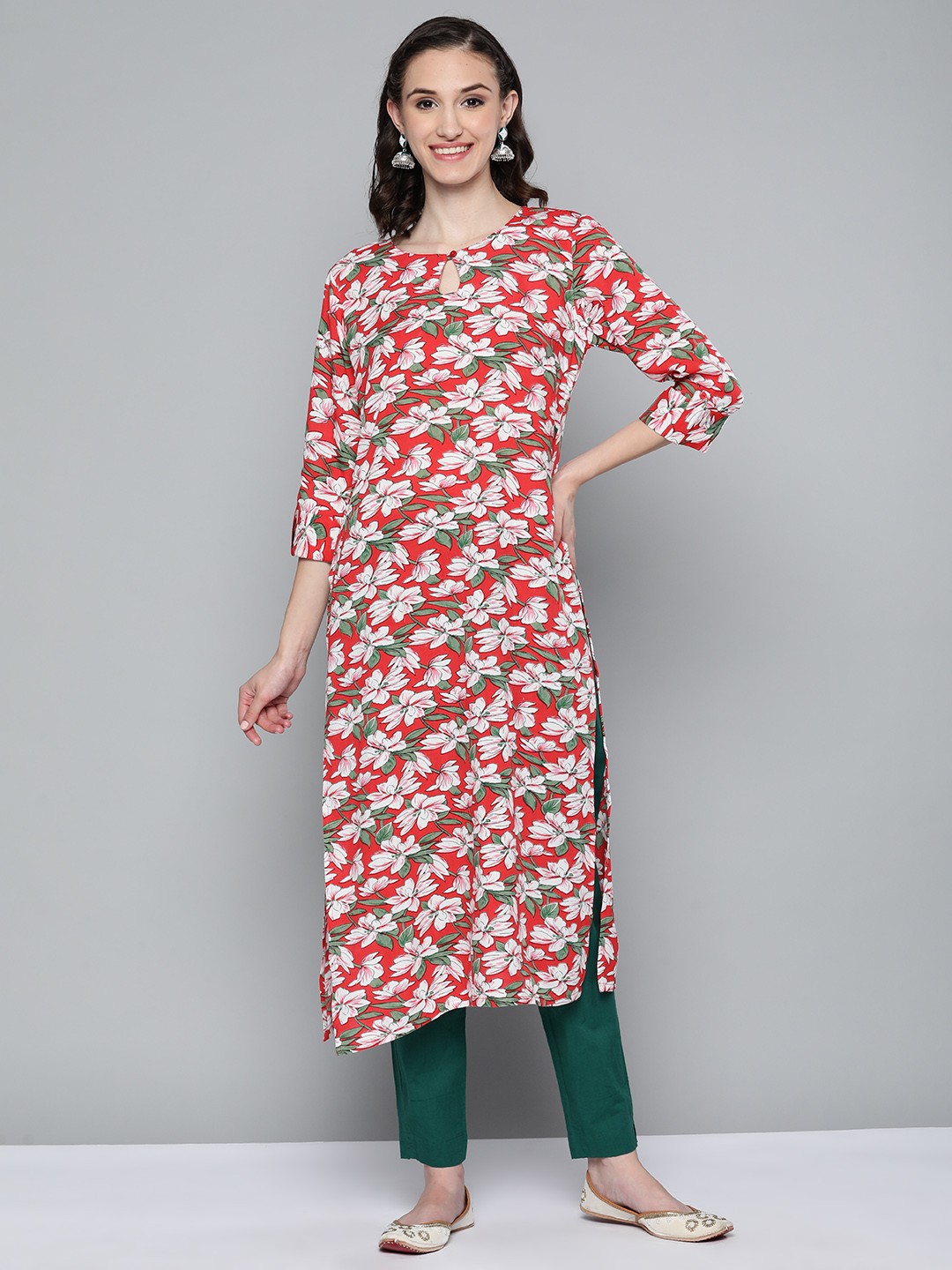 

HERE&NOW Women Red & White Ethnic Motifs Printed Kurta
