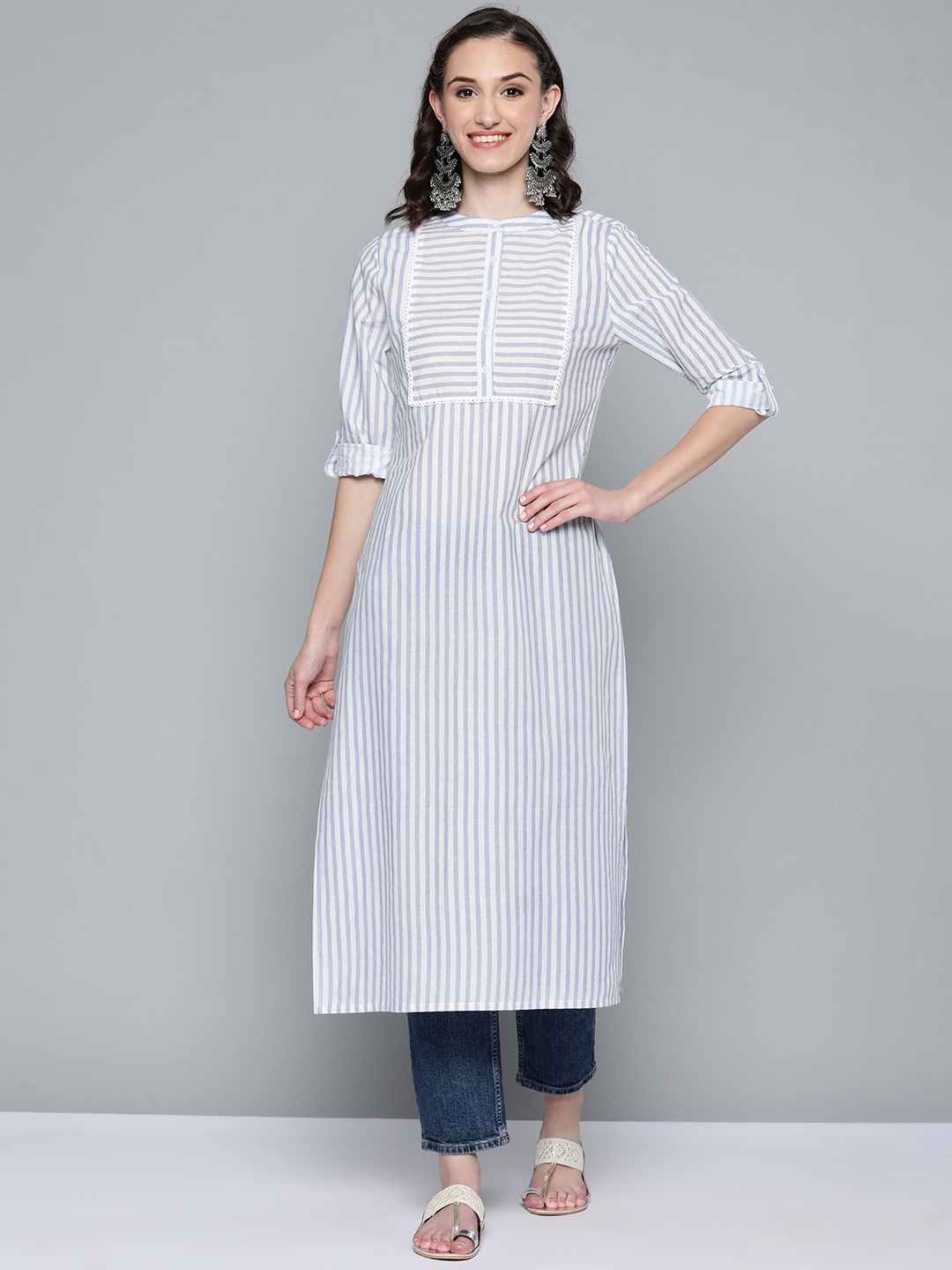 

HERE&NOW Women White & Blue Striped Kurta