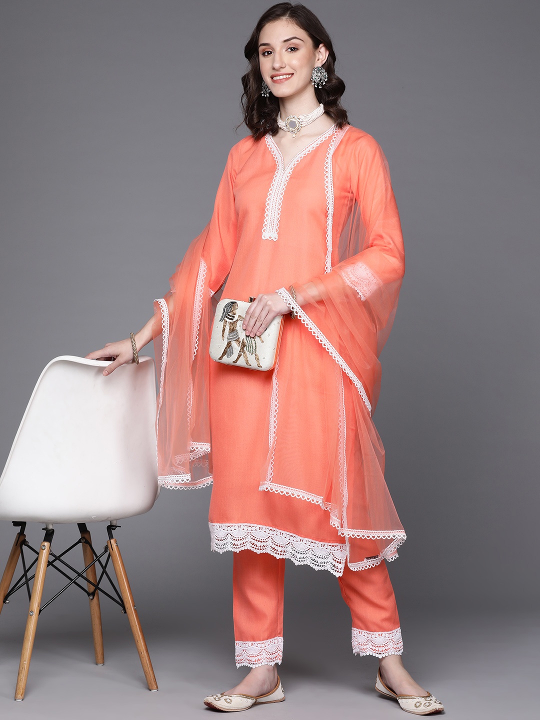 

MASSTANI BY INDDUS Women Peach-Coloured Thread Work Kurta with Trousers & Dupatta