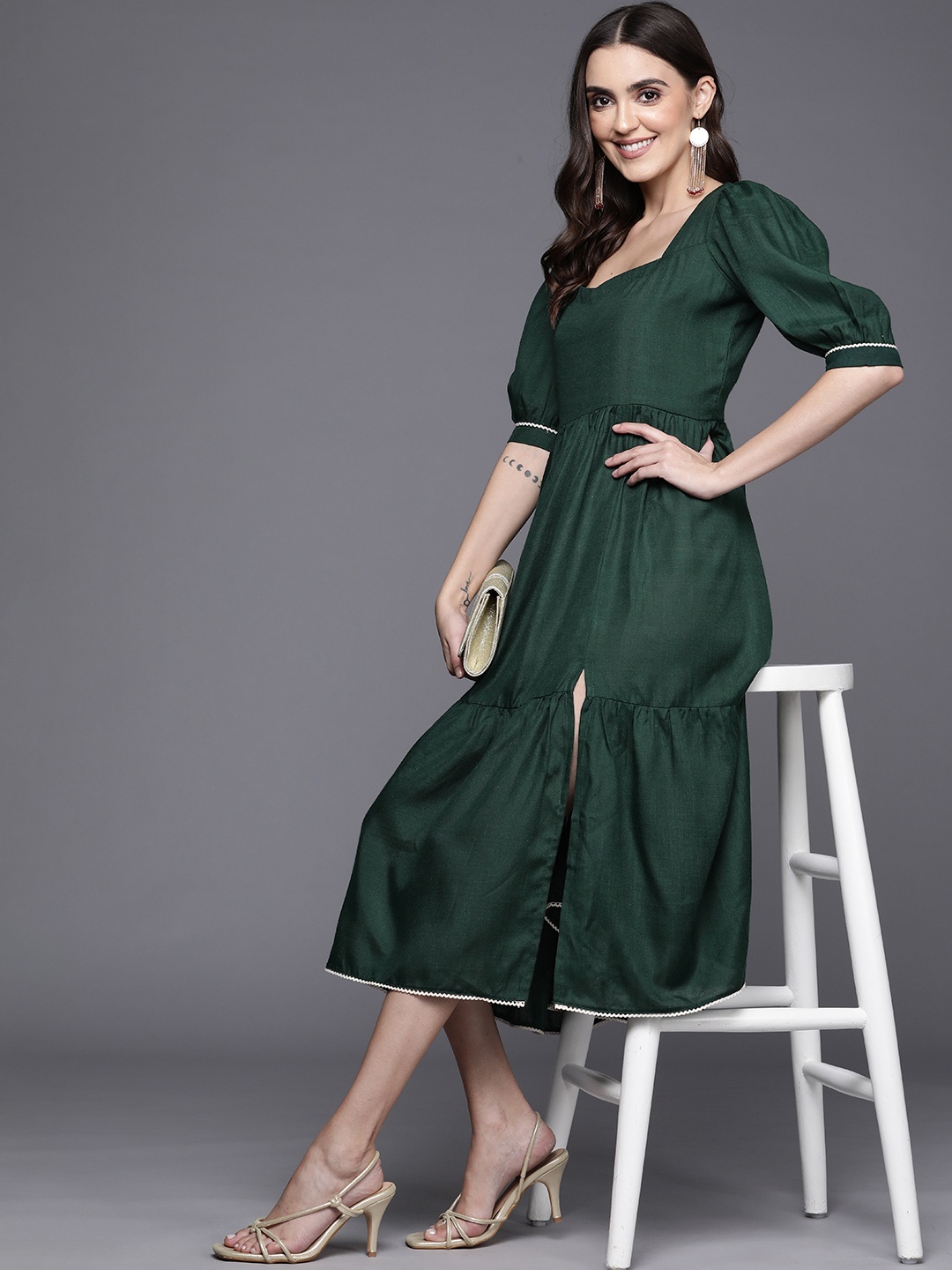 

MASSTANI BY INDDUS Green Square Neck A-Line Dress