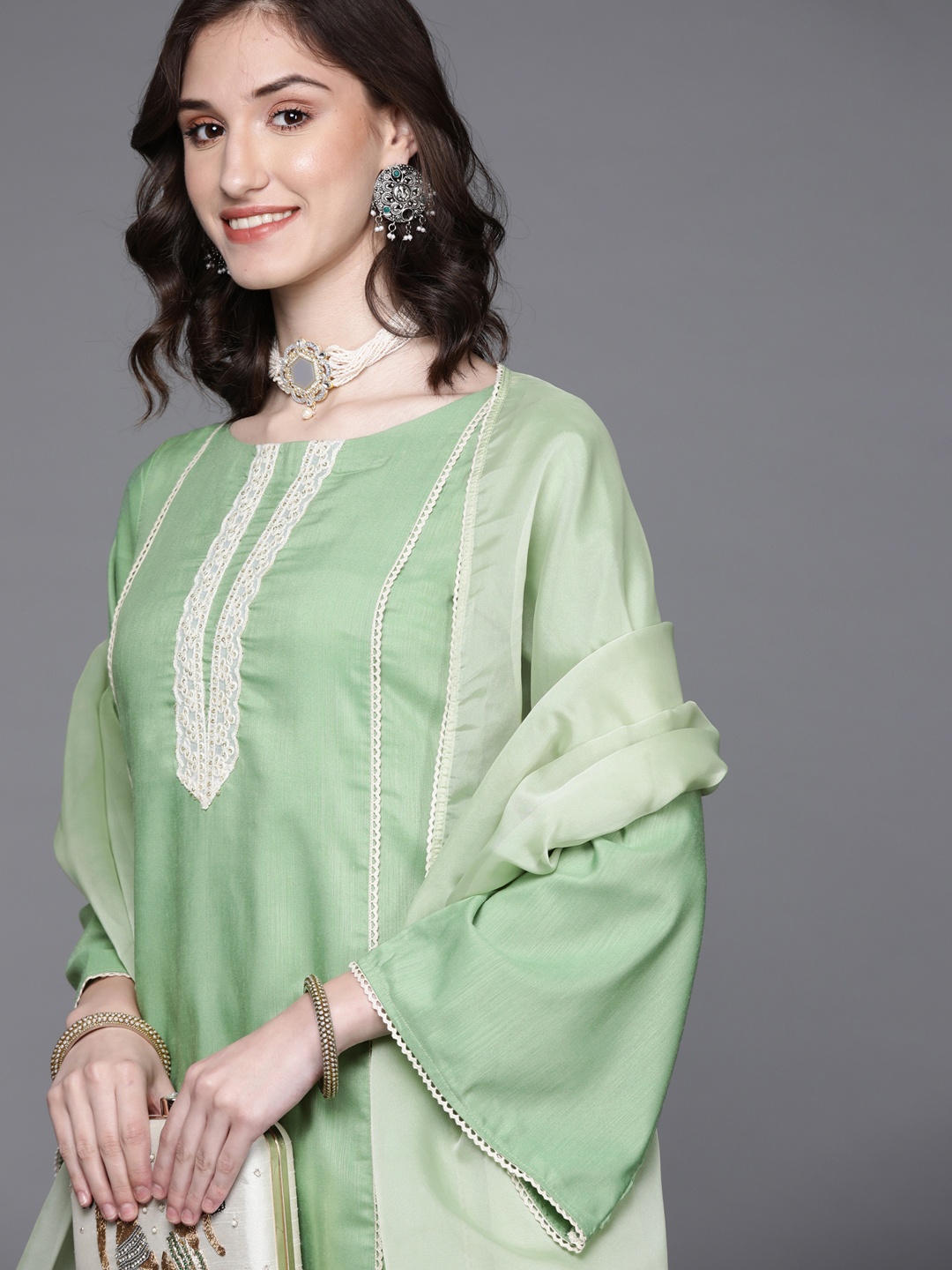 

MASSTANI BY INDDUS Women Green Kurta with Trousers & With Dupatta