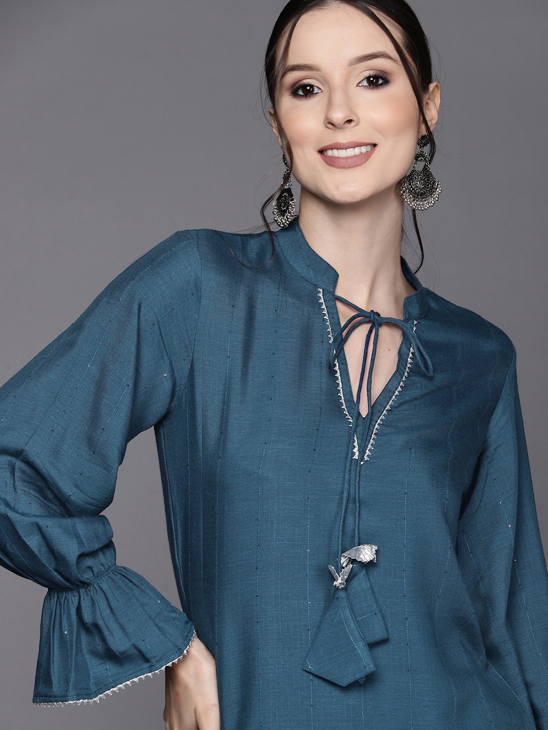 

MASSTANI BY INDDUS Women Teal Blue Tie-Up Neck Kurta