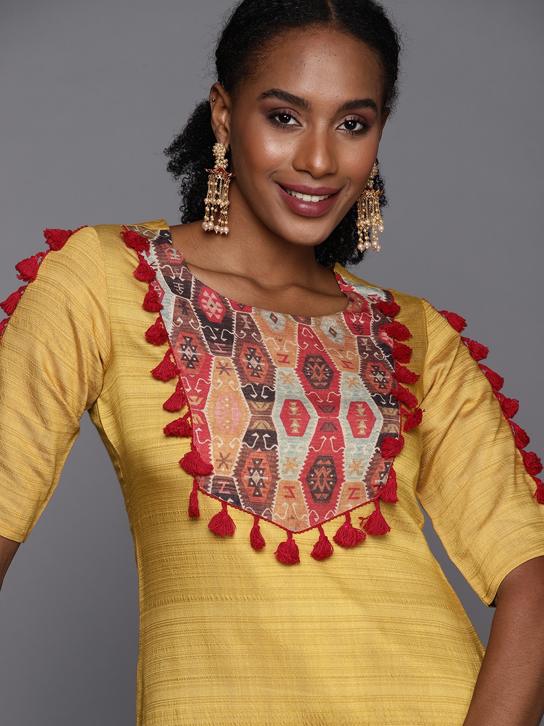 

MASSTANI BY INDDUS Women Mustard Yellow & Red Ethnic Motifs Printed Kurta