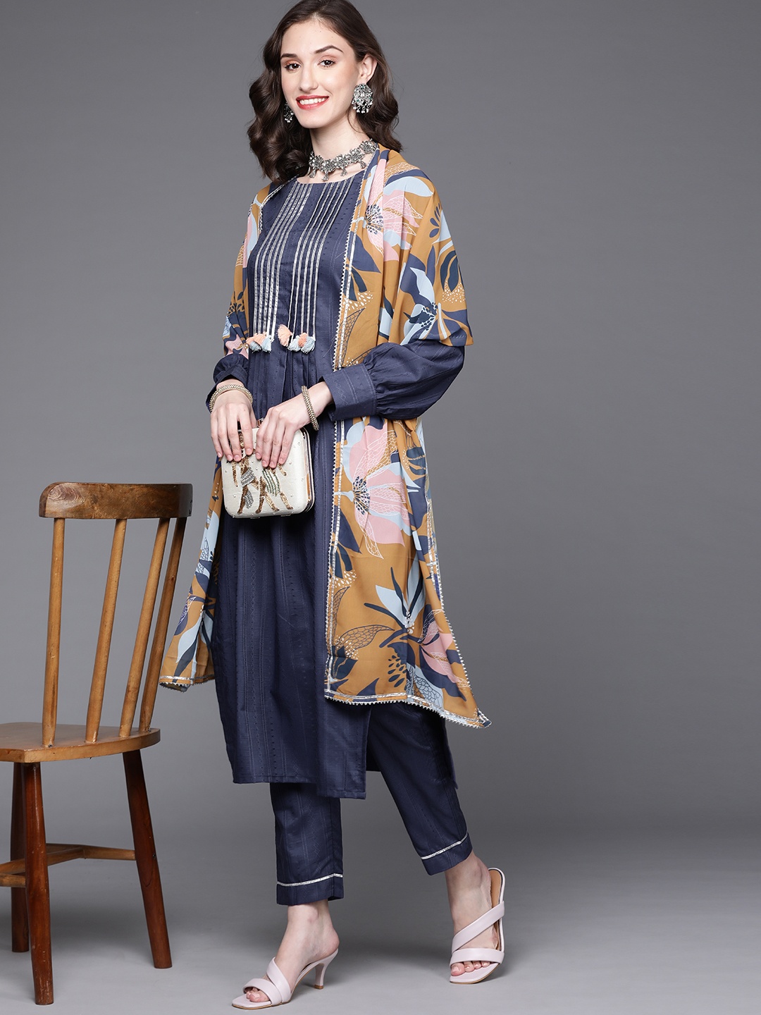 

MASSTANI BY INDDUS Women Navy Blue Gotta Patti Kurta with Trousers & With Dupatta