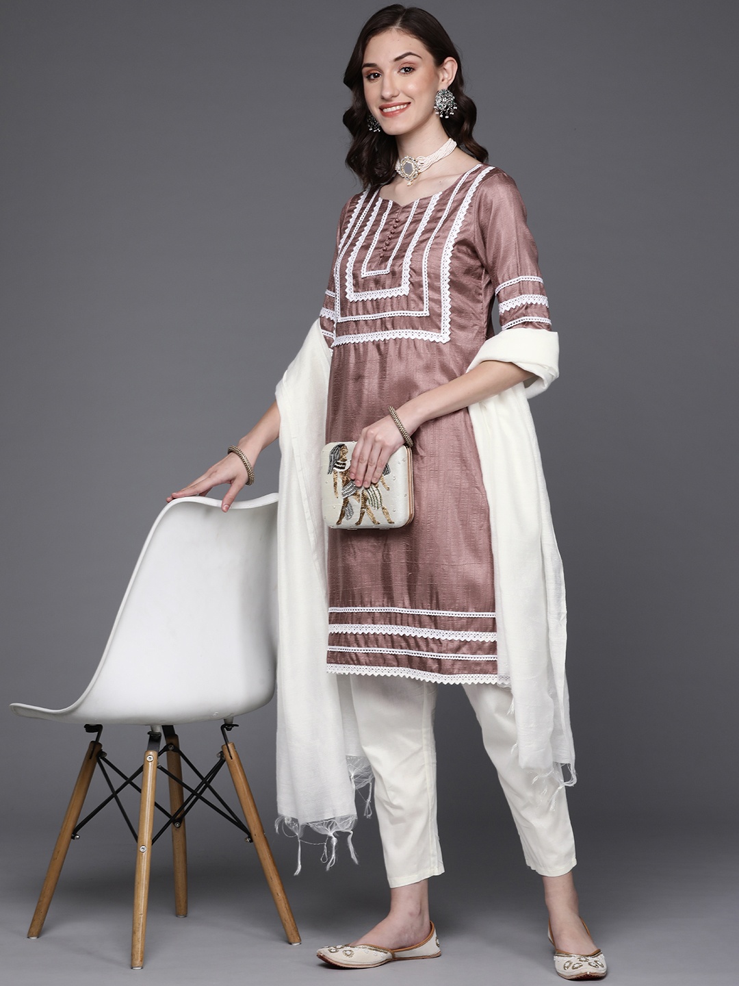 

MASSTANI BY INDDUS Women Mauve Yoke Design Kurta with Trousers & With Dupatta