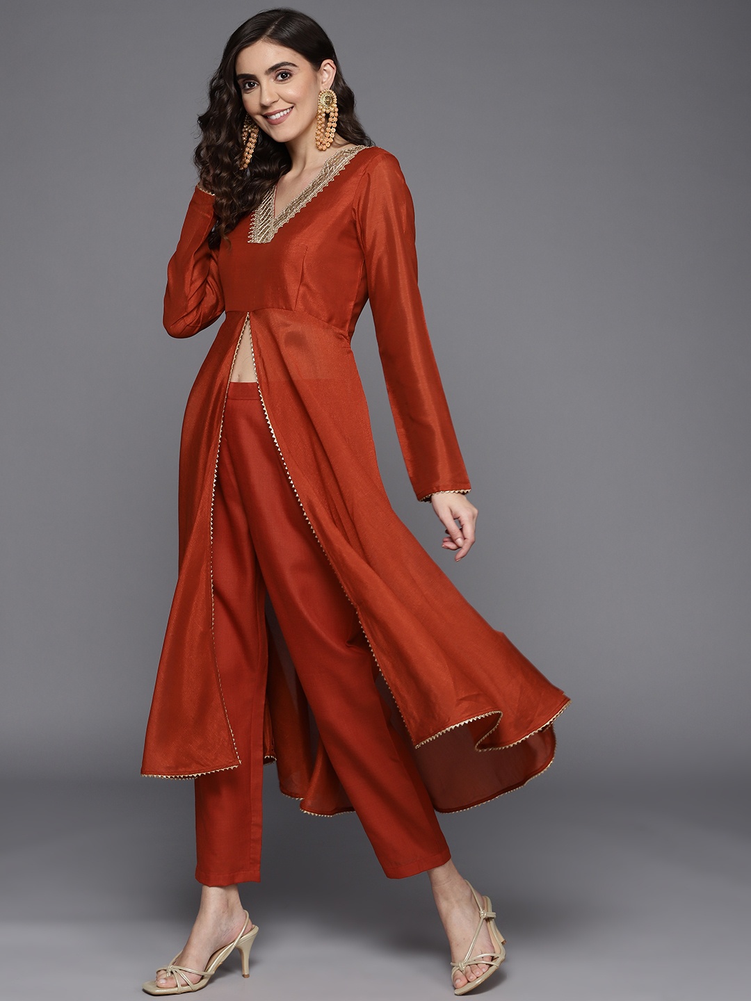 

MASSTANI BY INDDUS Women Rust High Slit Sequinned Kurta with Trousers