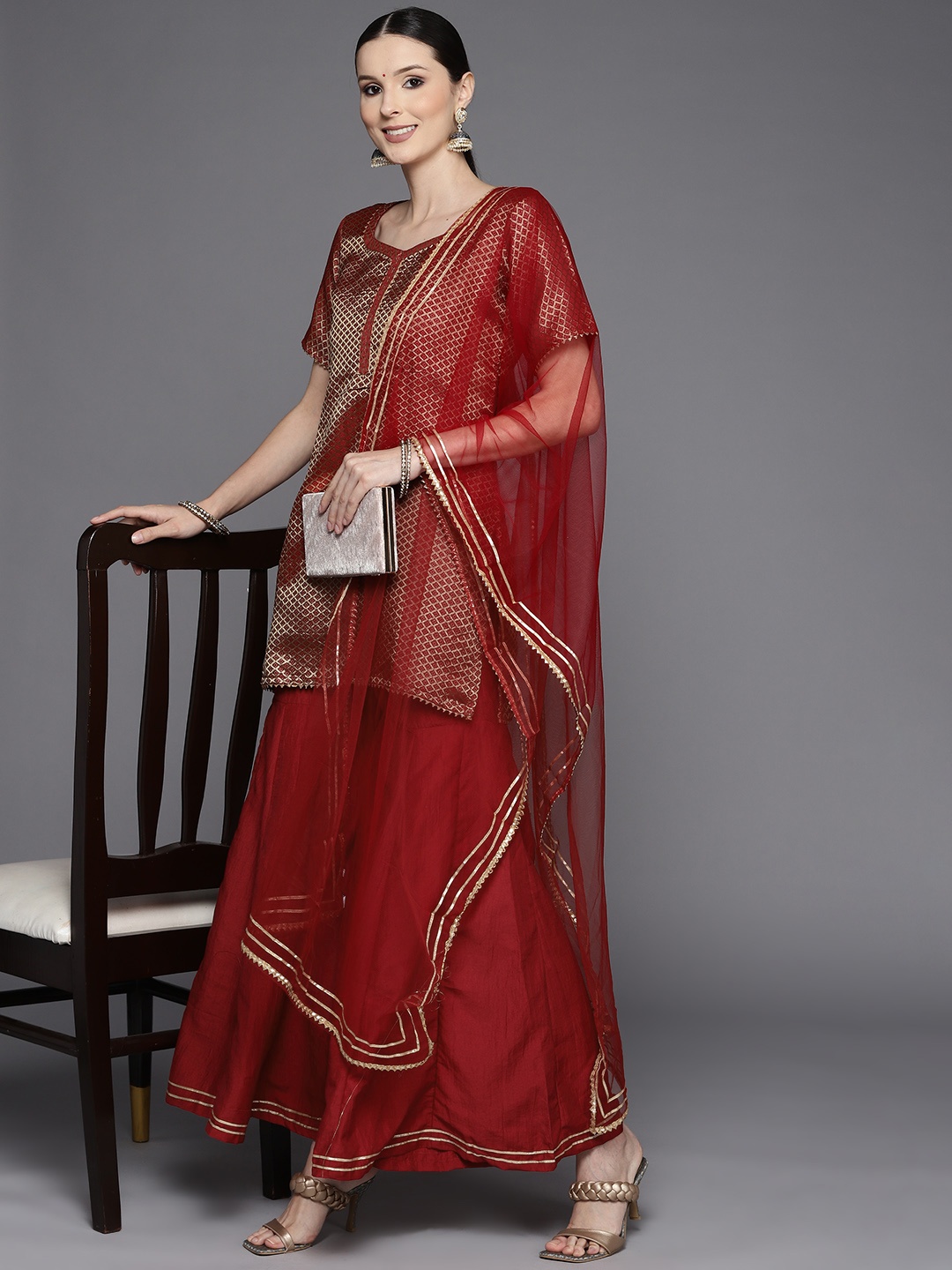 

MASSTANI BY INDDUS Women Maroon Gotta Patti Kurta with Sharara & With Dupatta