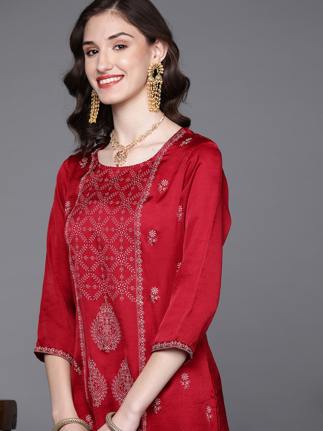 

MASSTANI BY INDDUS Women Maroon Ethnic Motifs Printed Kurta with Trousers